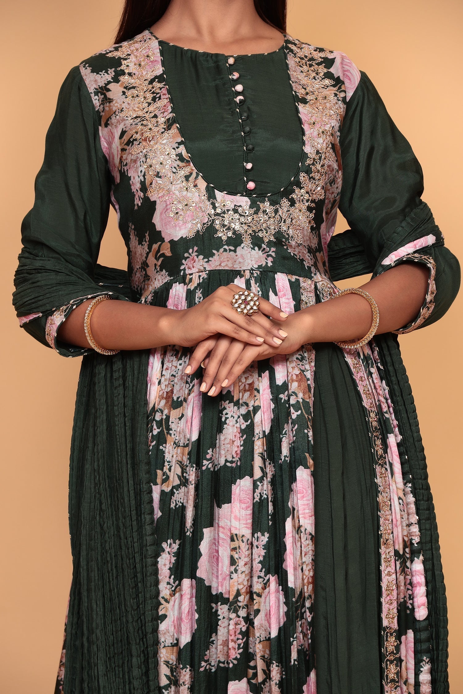 Printed Flared Anarkali Cotton Silk Suit with Zardozi work.