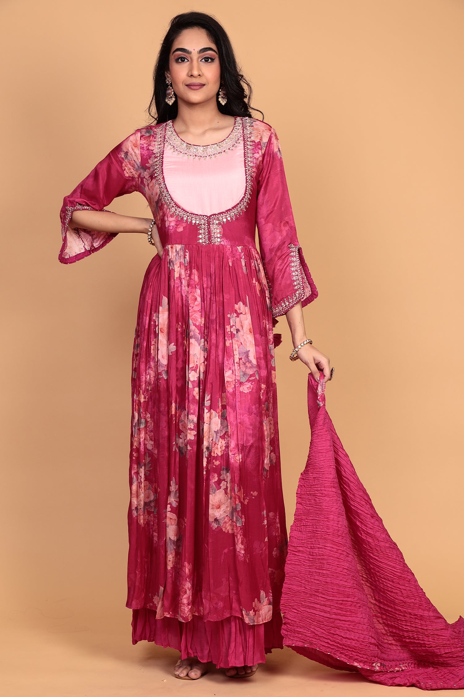 Printed Flared Anarkali Cotton silk Suit with Thread work.