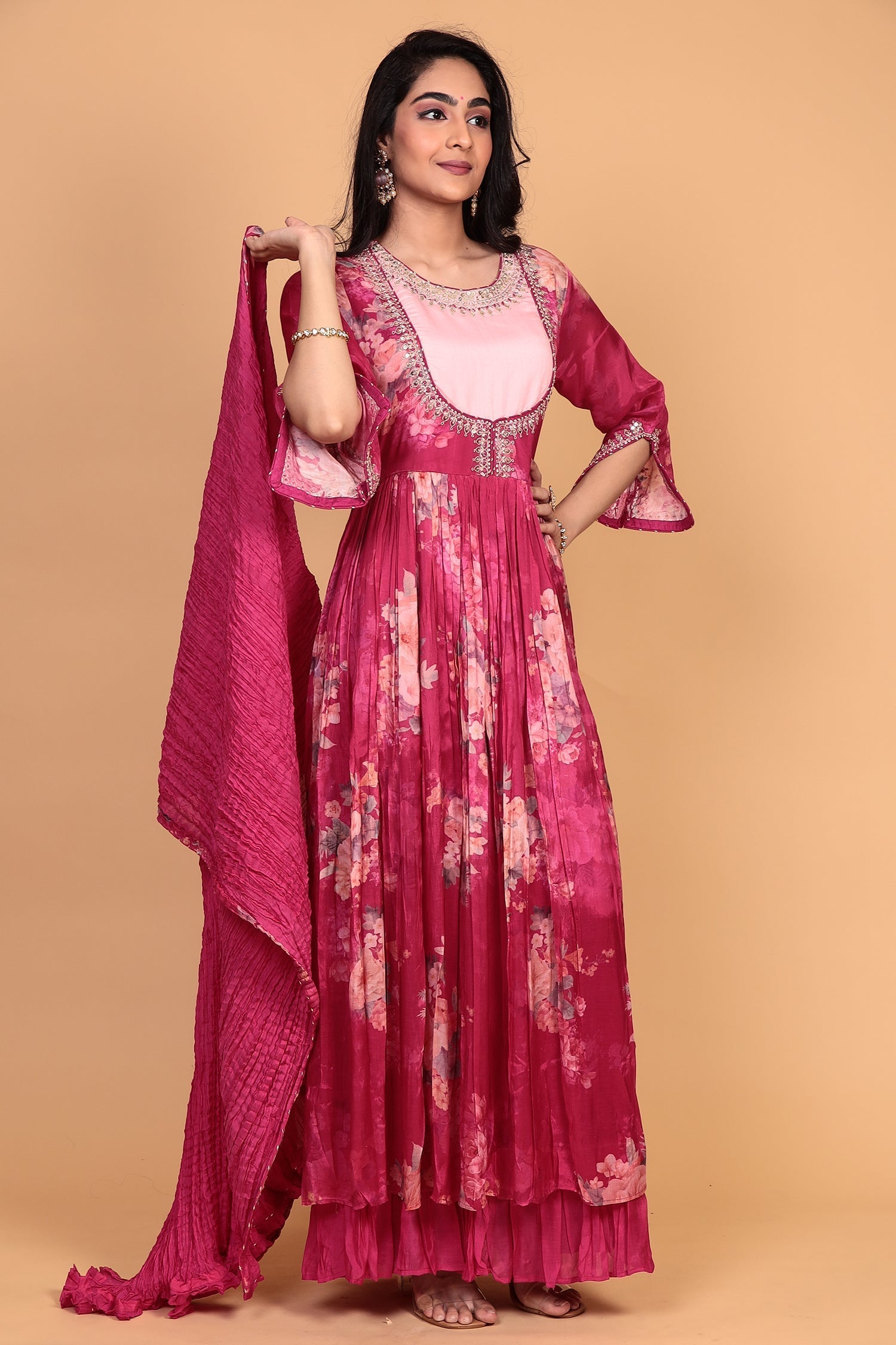 Printed Flared Anarkali Cotton silk Suit with Thread work.