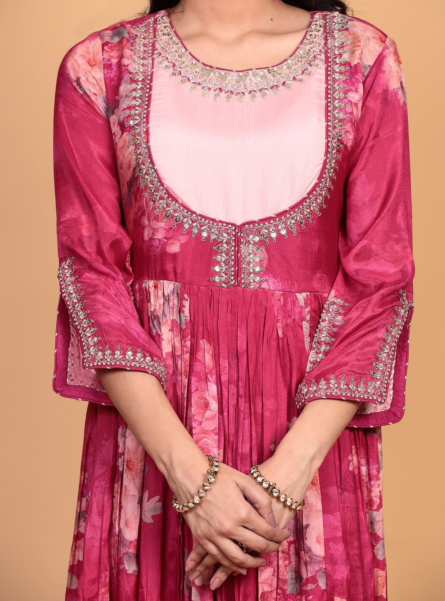 Printed Flared Anarkali Cotton silk Suit with Thread work.