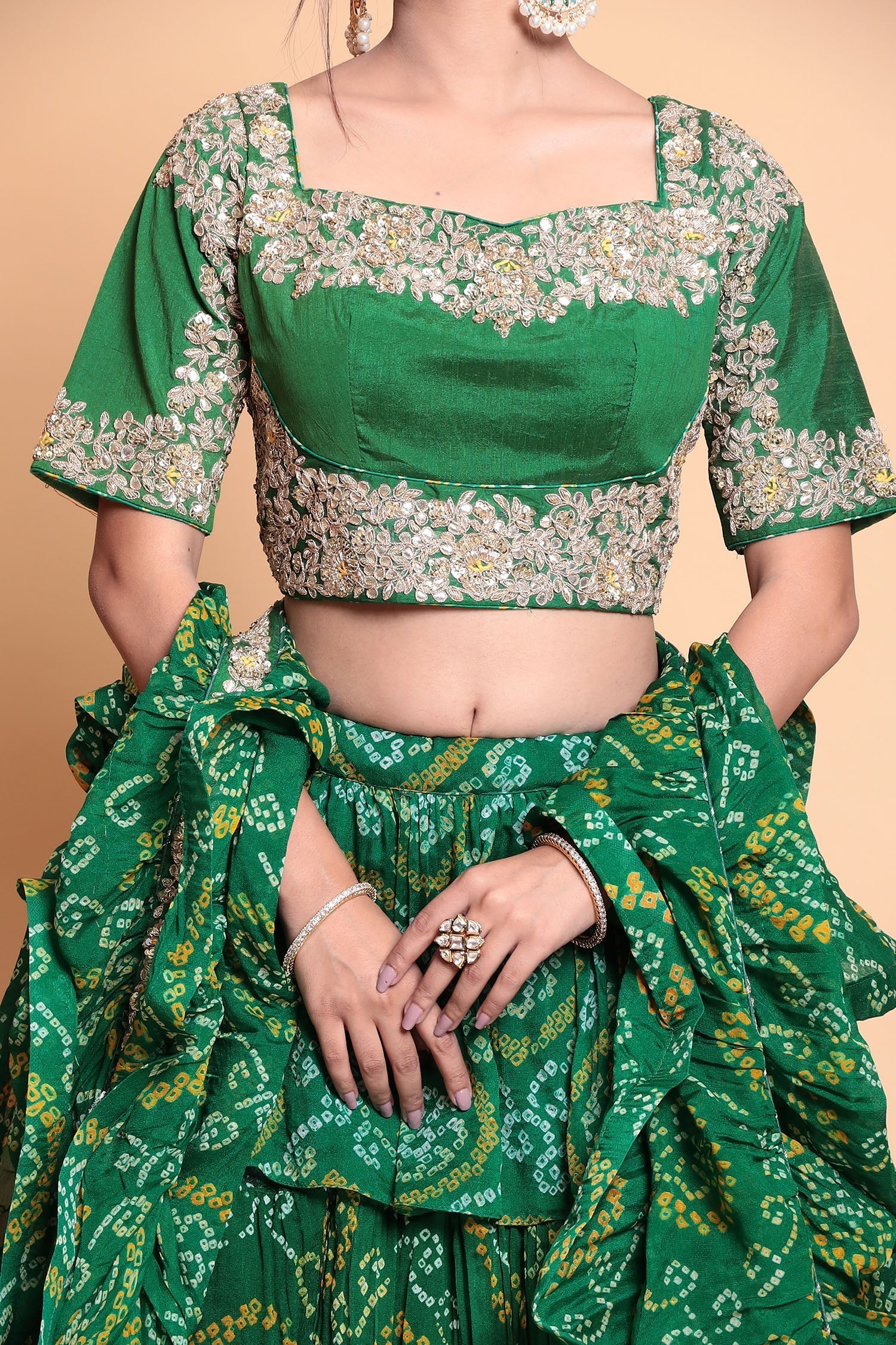 Bandhej Georgette Lehenga with Gota Patti work.