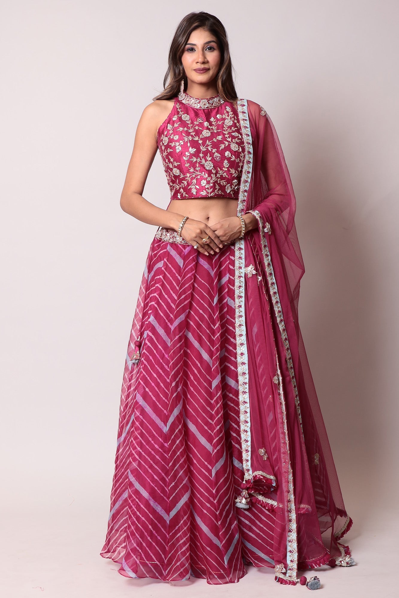 Leheriya Organza Lehenga with Gota Patti work.