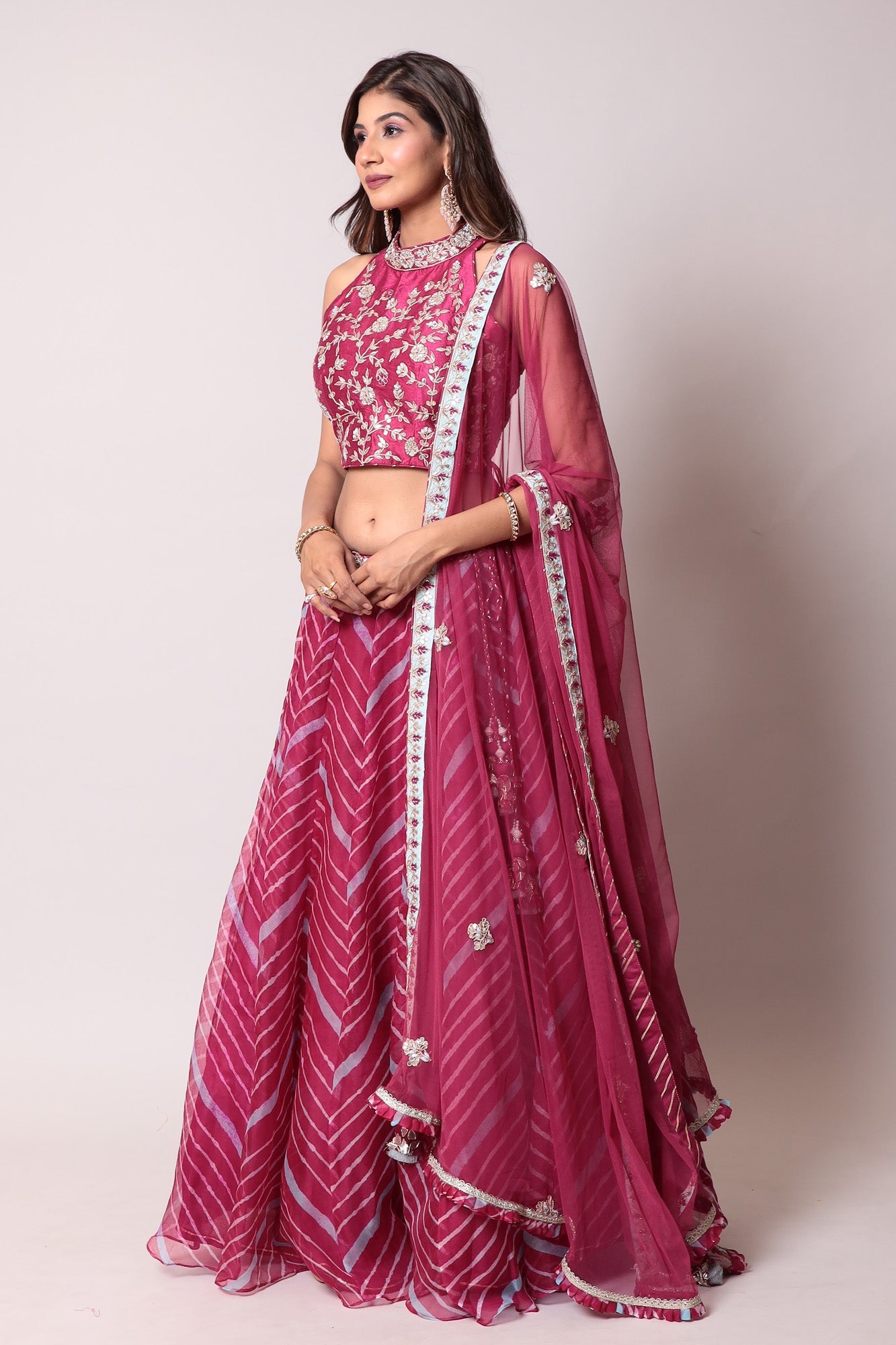 Leheriya Organza Lehenga with Gota Patti work.