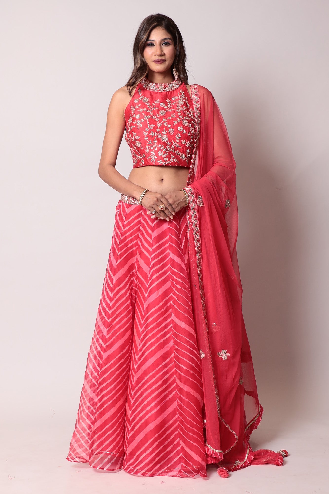 Leheriya Organza Lehenga with Gota Patti work.