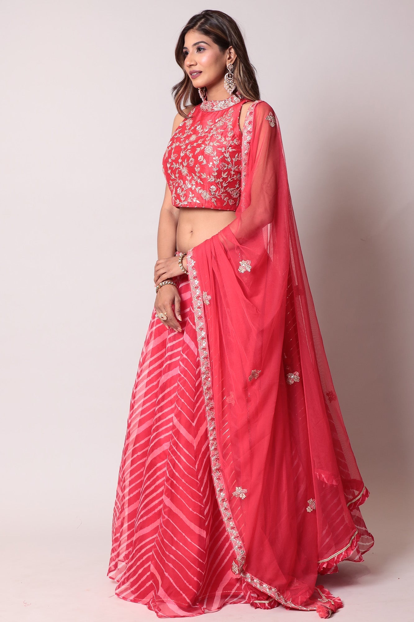 Leheriya Organza Lehenga with Gota Patti work.