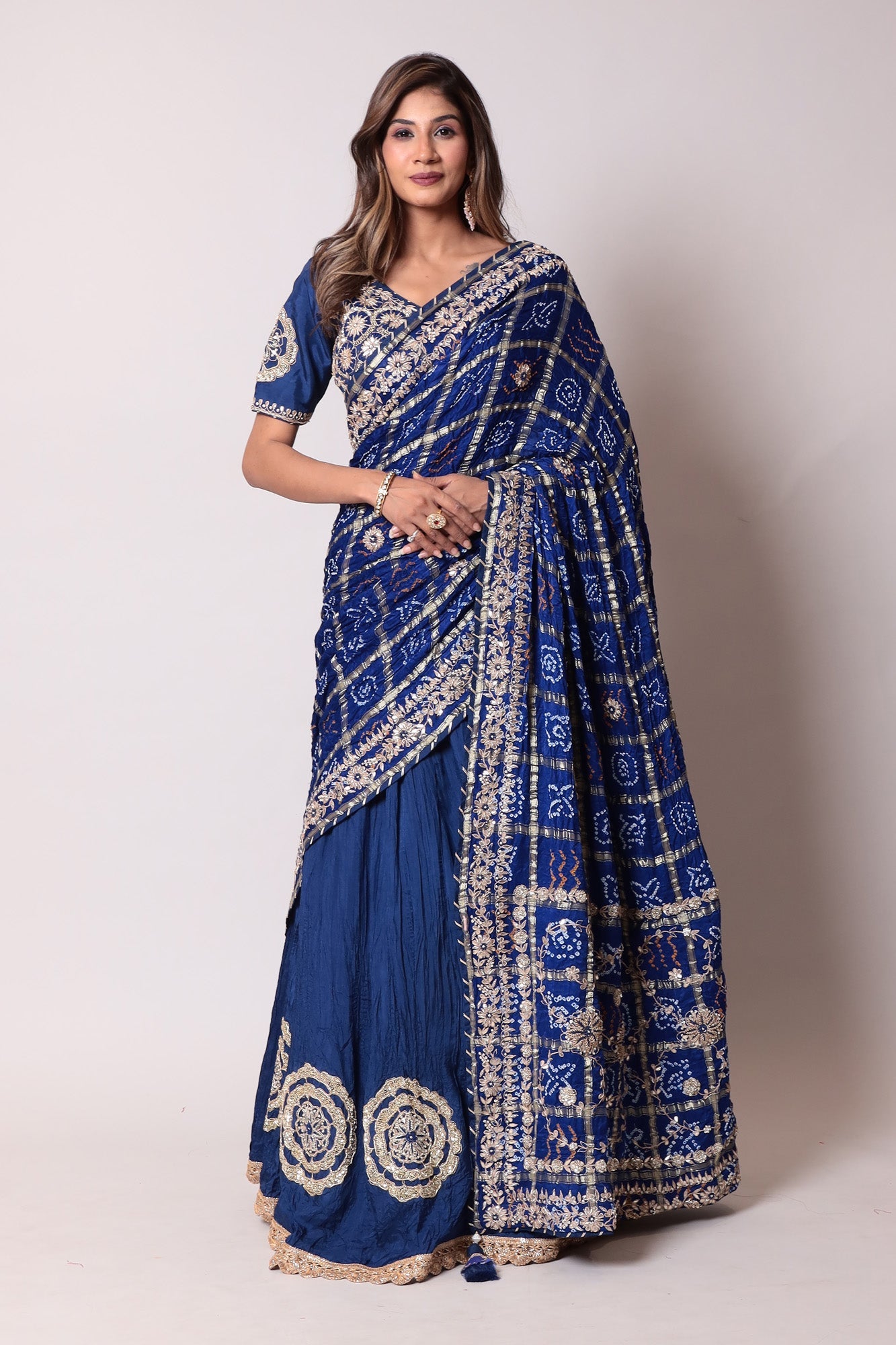 Ghatchola Bandhej Silk Lehenga with Zardozi work.