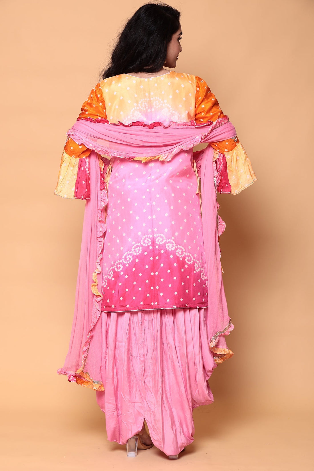 Silk Bandhej Dhoti Kurta Suit with Gota Patti work.