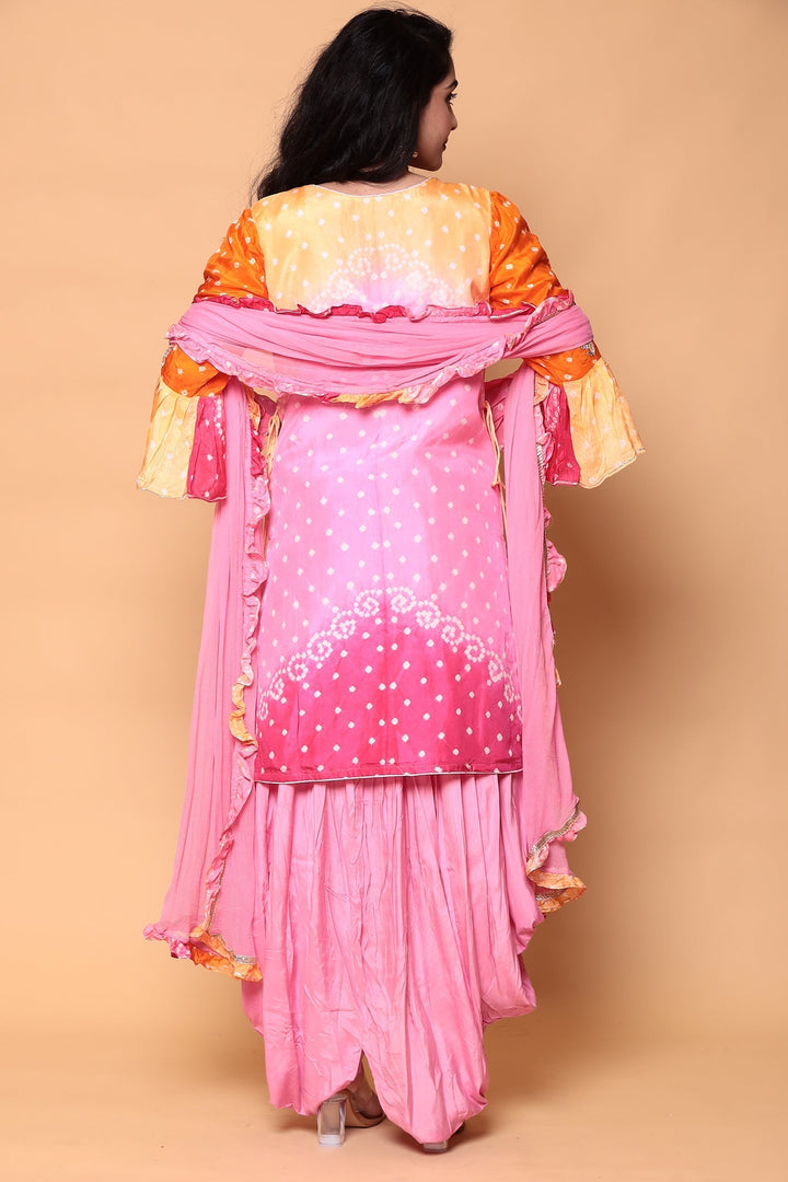 Silk Bandhej Dhoti Kurta Suit with Gota Patti work.