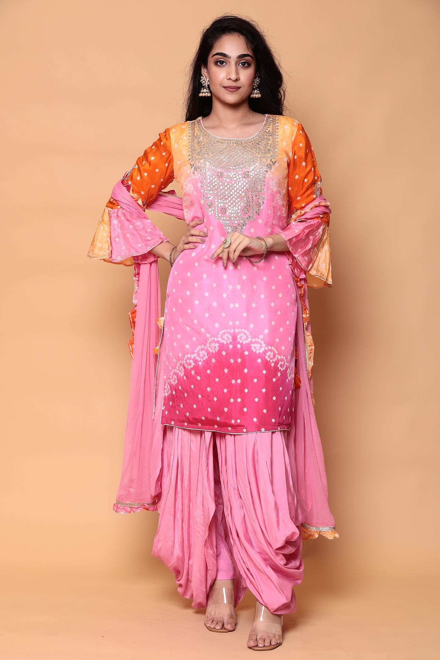 Silk Bandhej Dhoti Kurta Suit with Gota Patti work.