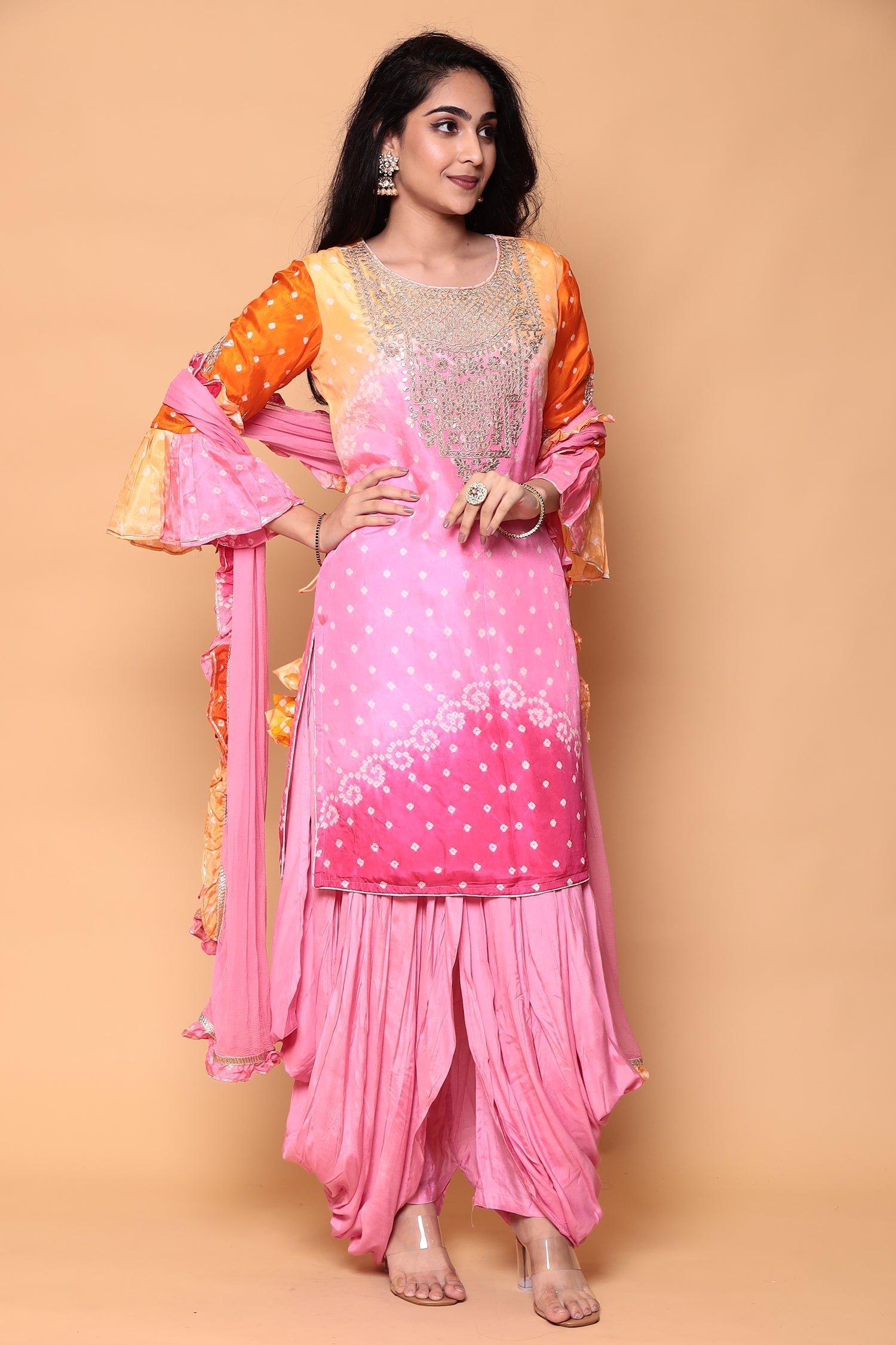 Silk Bandhej Dhoti Kurta Suit with Gota Patti work.