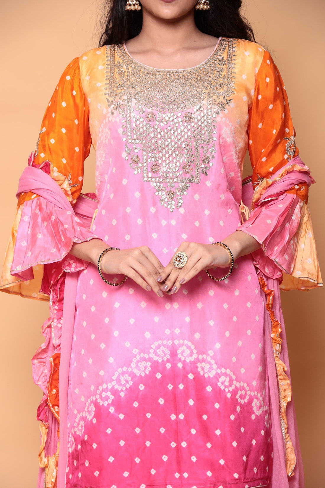 Silk Bandhej Dhoti Kurta Suit with Gota Patti work.