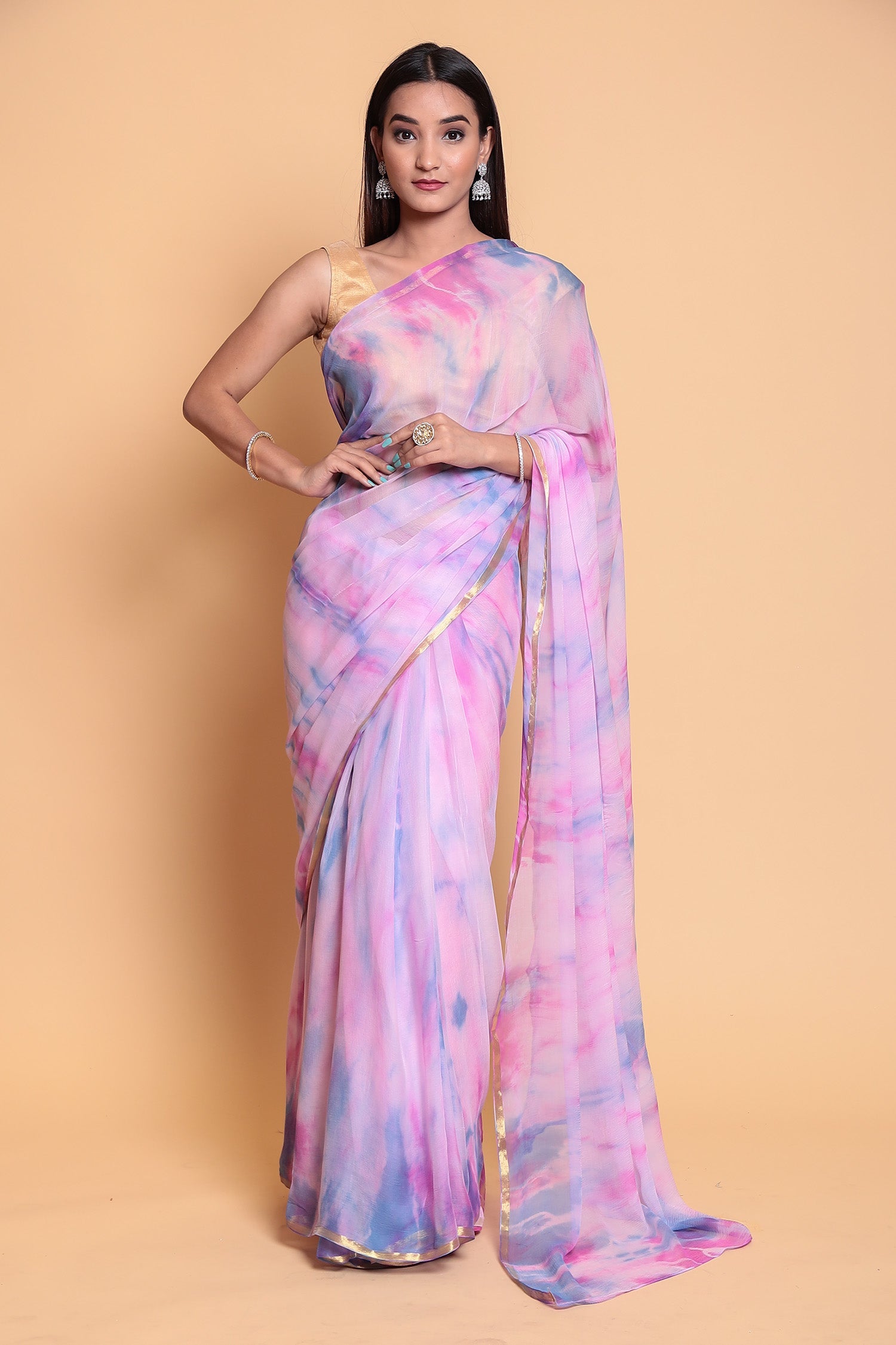 Tie & Dye Chiffon Saree with Zari Border.