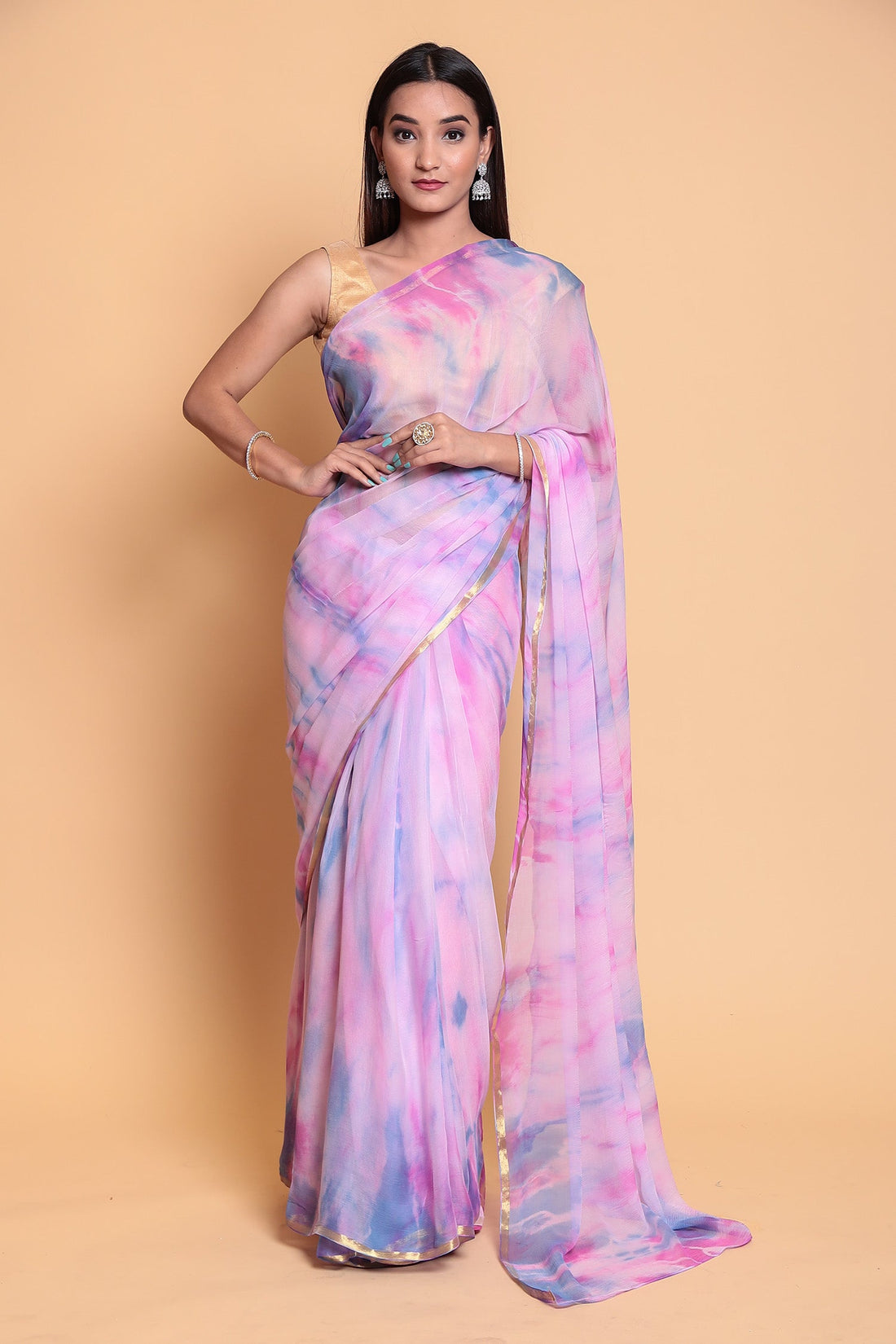 Tie & Dye Chiffon Saree with Zari Border.