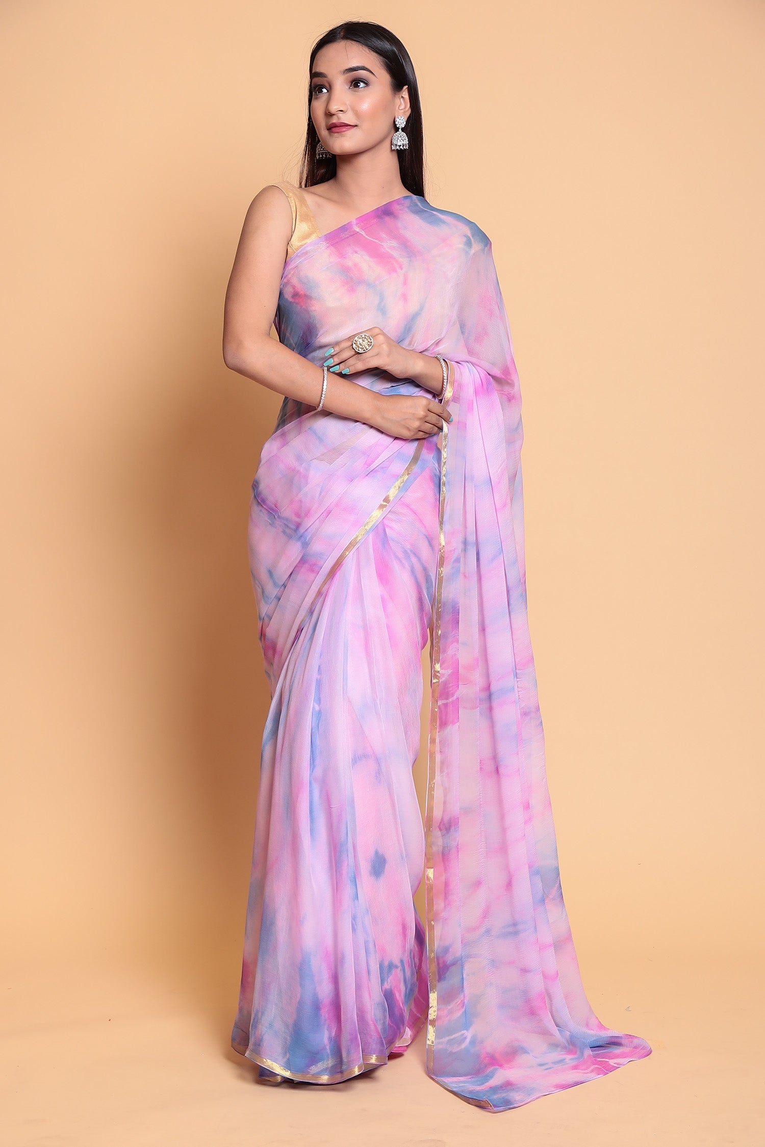 Tie & Dye Chiffon Saree with Zari Border.