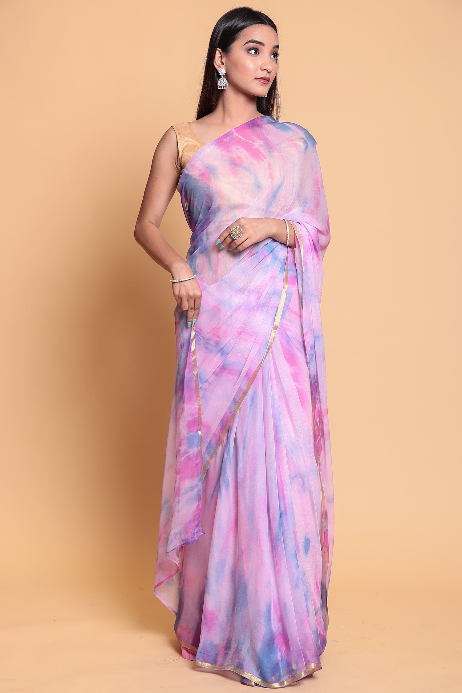 Tie & Dye Chiffon Saree with Zari Border.