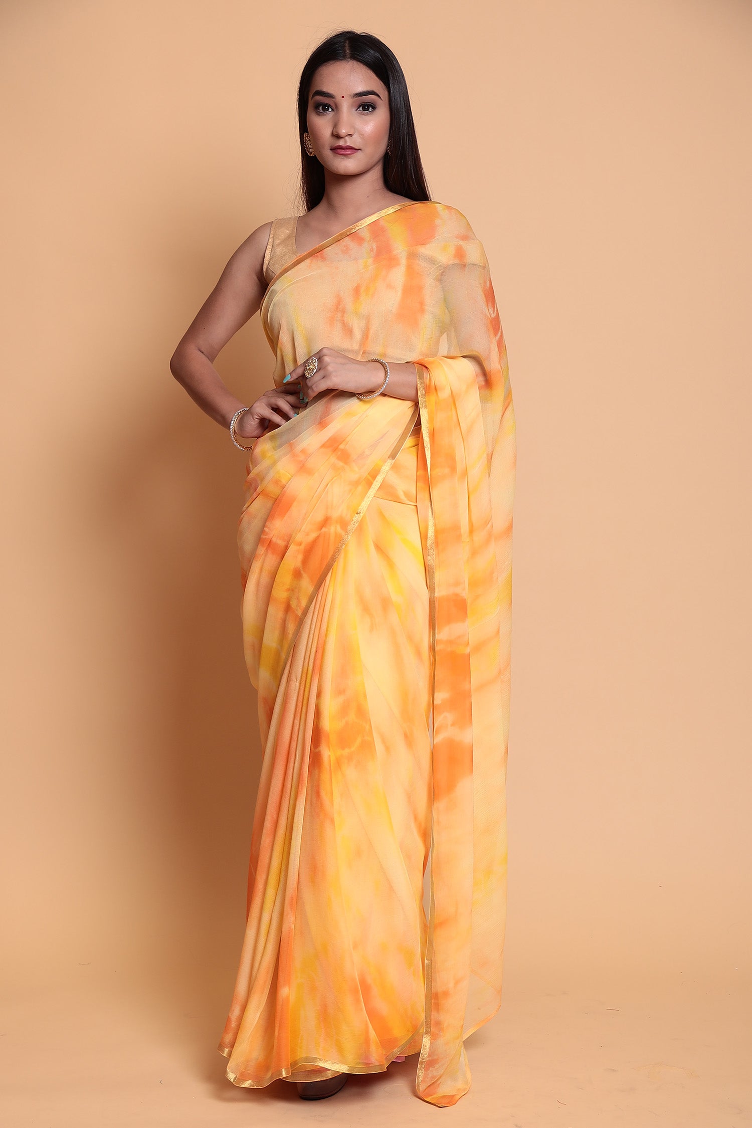 Tie & Dye Chiffon Saree with Zari Border.