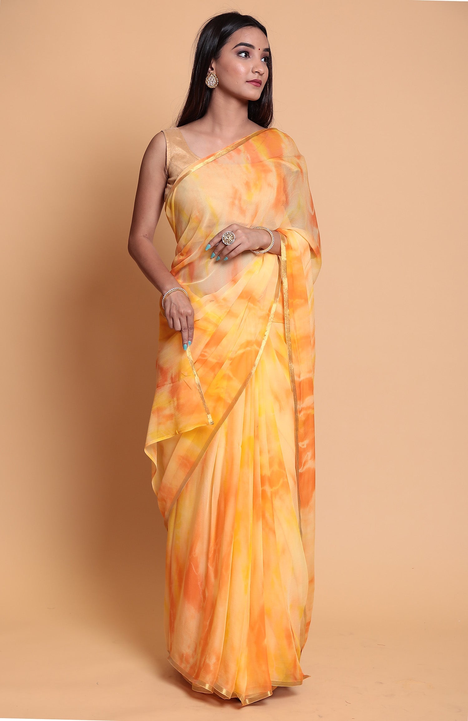 Tie & Dye Chiffon Saree with Zari Border.