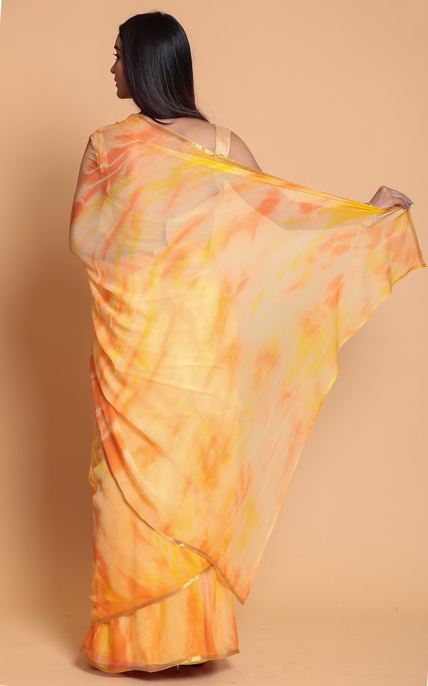 Tie & Dye Chiffon Saree with Zari Border.