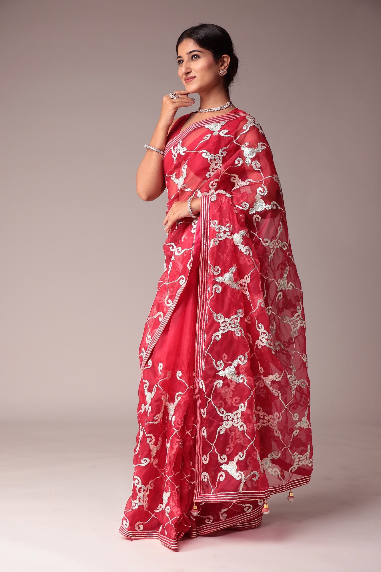 Exquisite Organza Saree with Intricate Gota Embellishments.