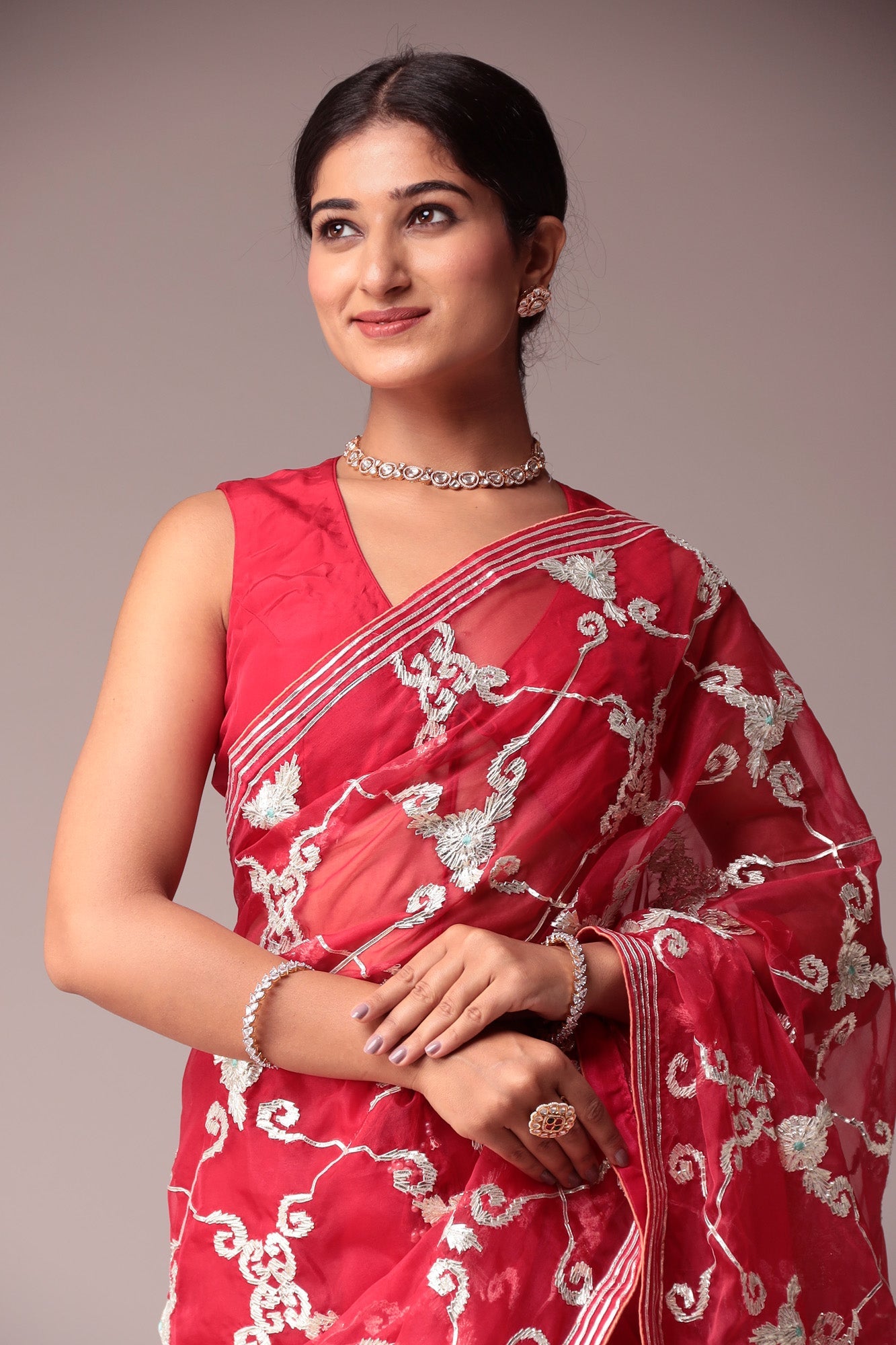 Exquisite Organza Saree with Intricate Gota Embellishments.