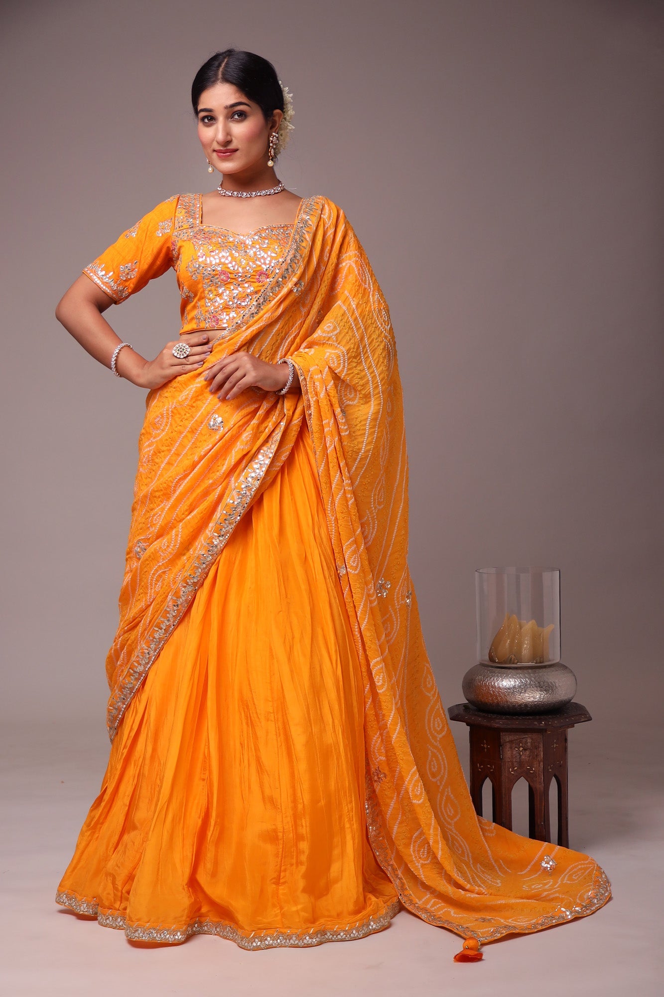 Exquisite Bandhej Silk Lehenga with Intricate Gota Patti Embellishments.