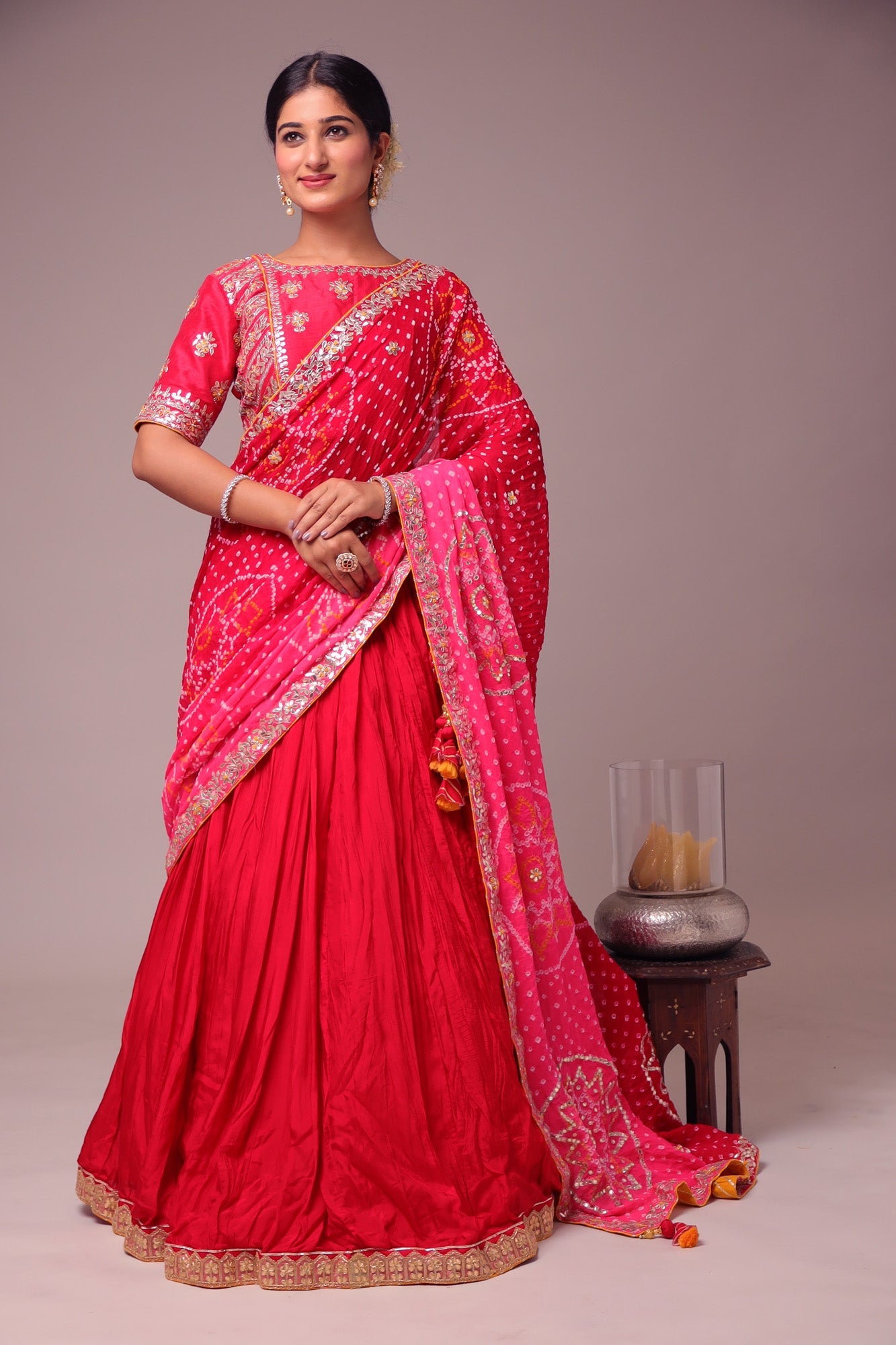 Exquisite Bandhej Silk Lehenga with Intricate Gota Patti Embellishments.
