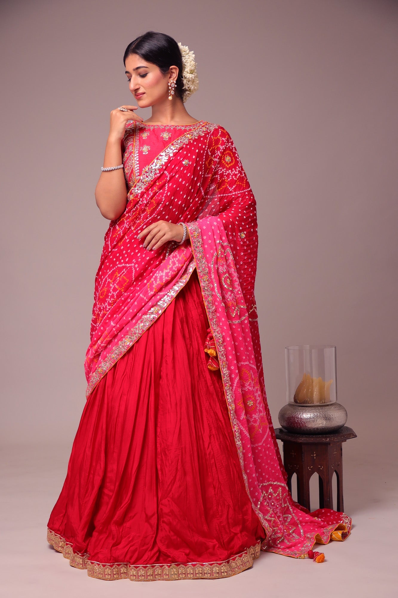 Exquisite Bandhej Silk Lehenga with Intricate Gota Patti Embellishments.