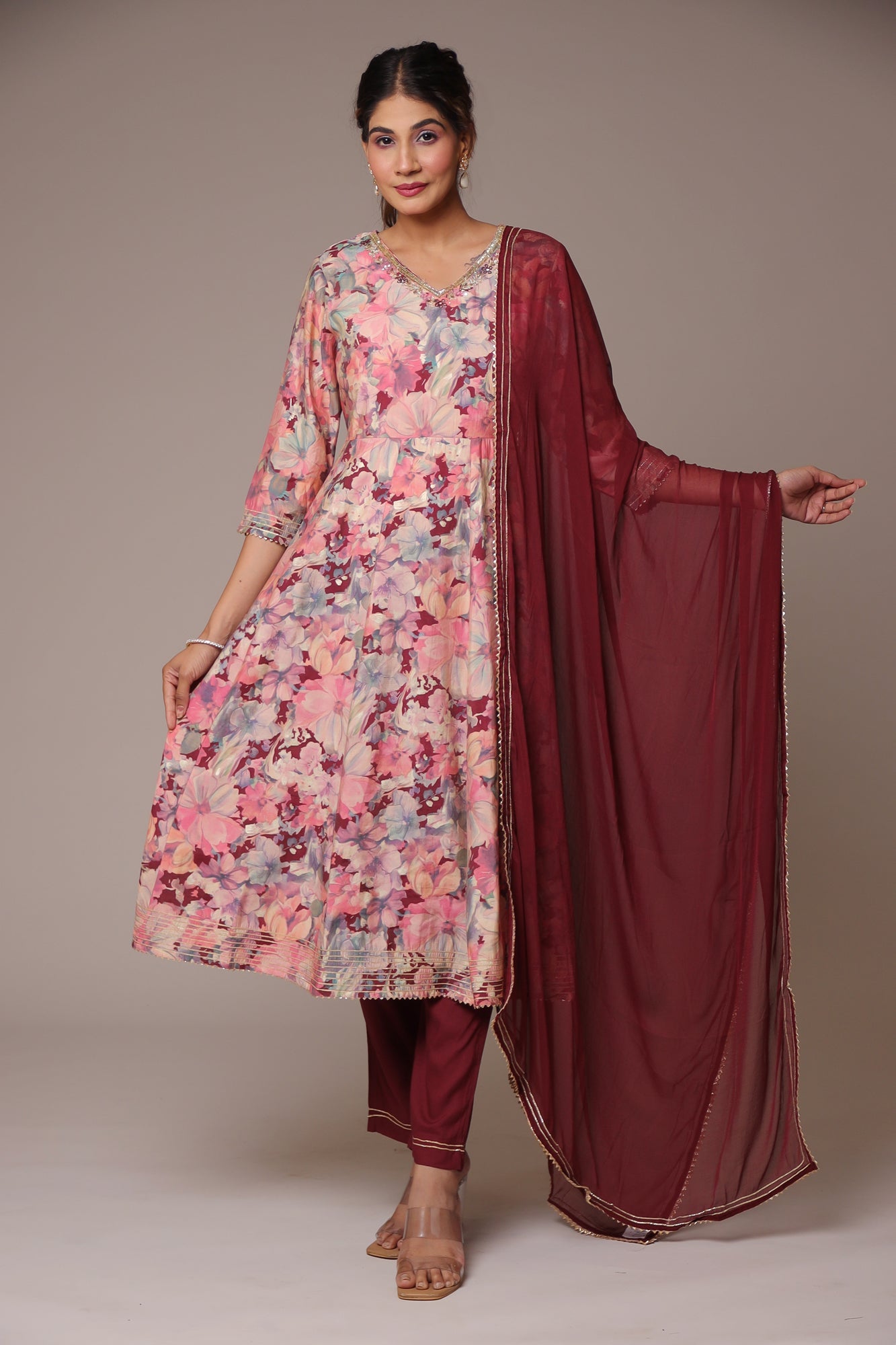 Printed Muslin Anarkali Kurta with Cutdana work.