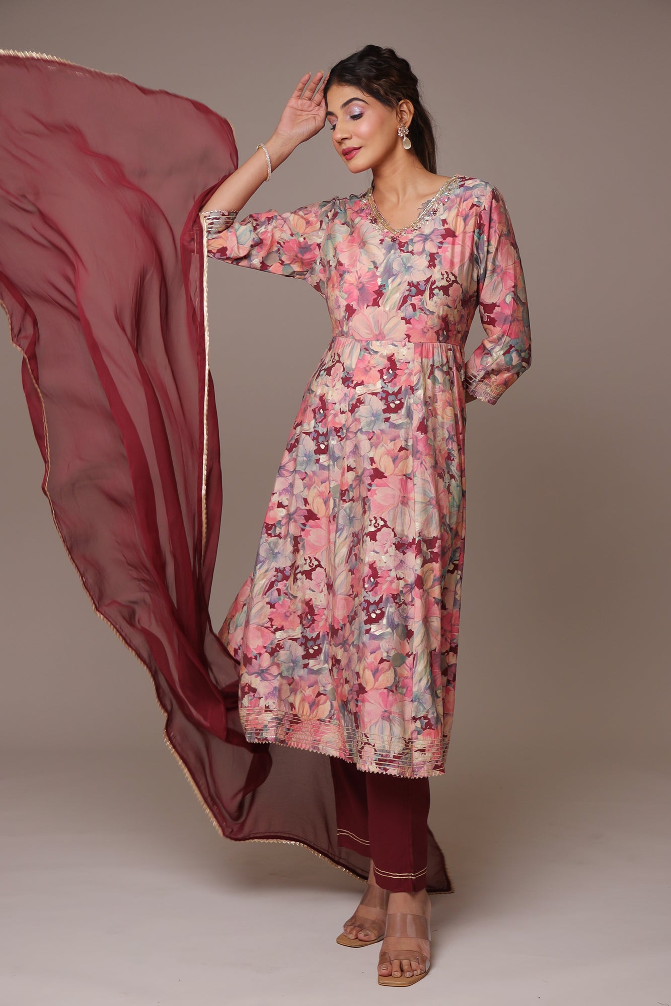 Printed Muslin Anarkali Kurta with Cutdana work.