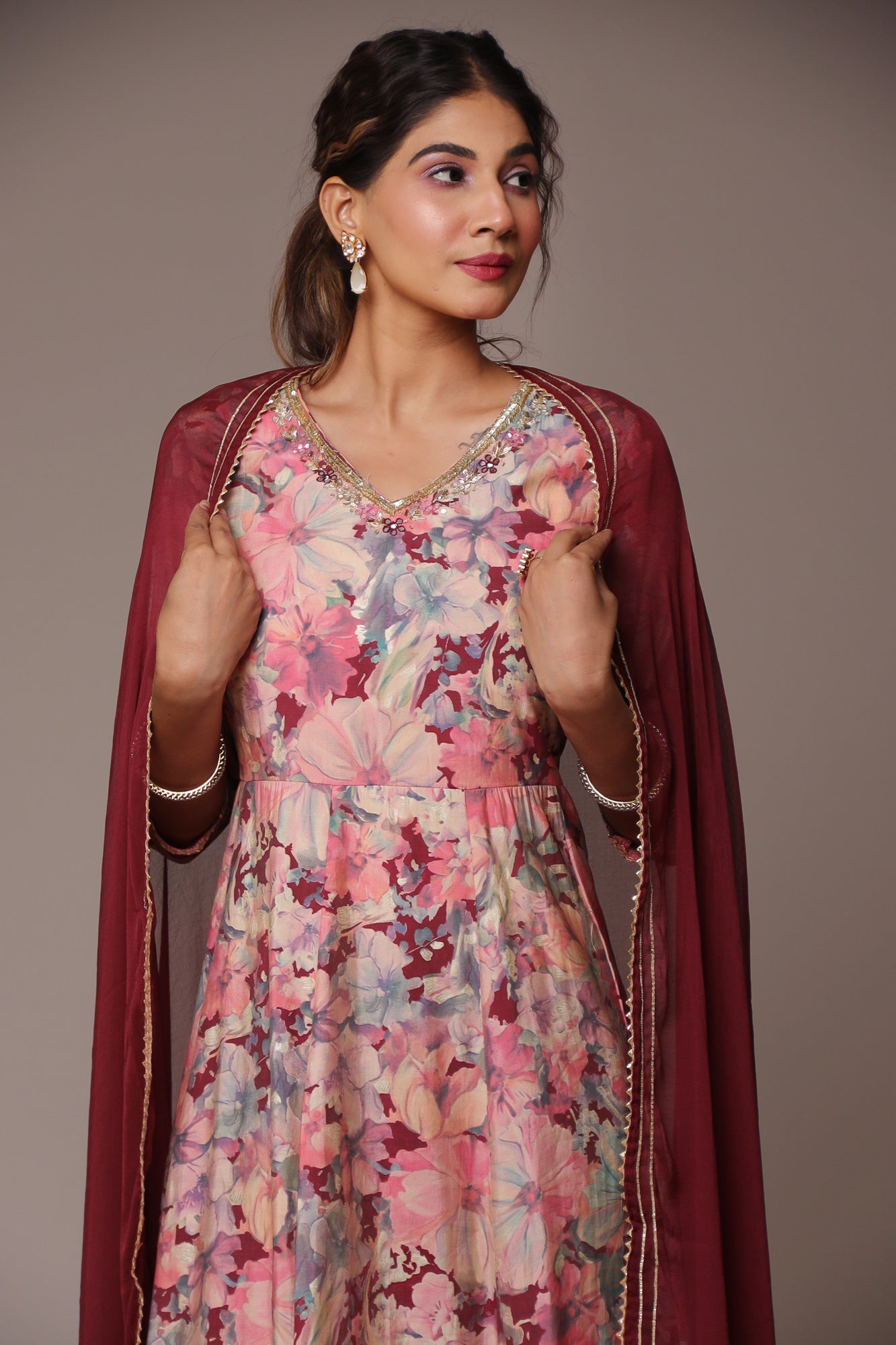 Printed Muslin Anarkali Kurta with Cutdana work.