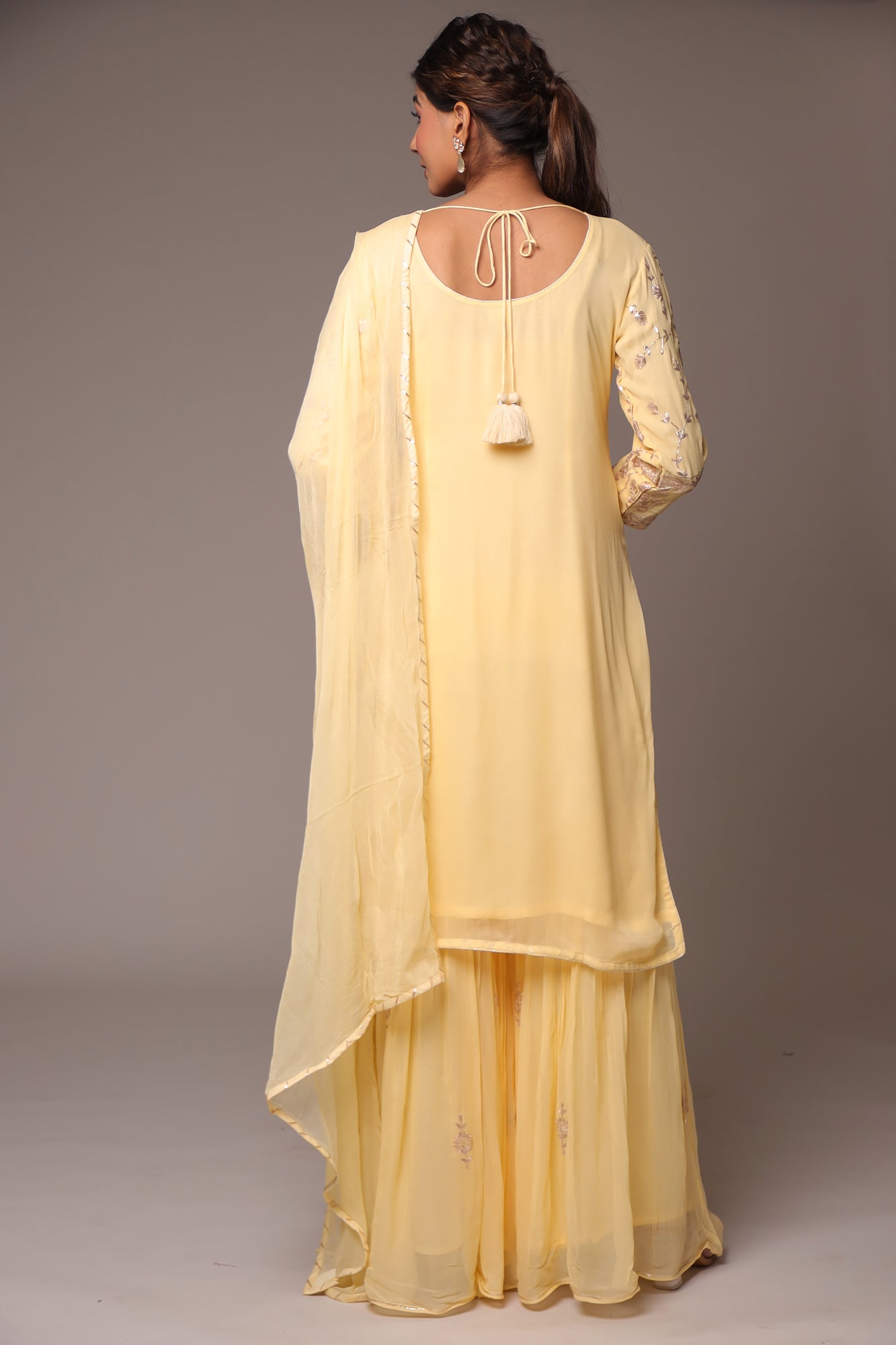 Georgette Straight Cut Sharara Suit with Pittan work.