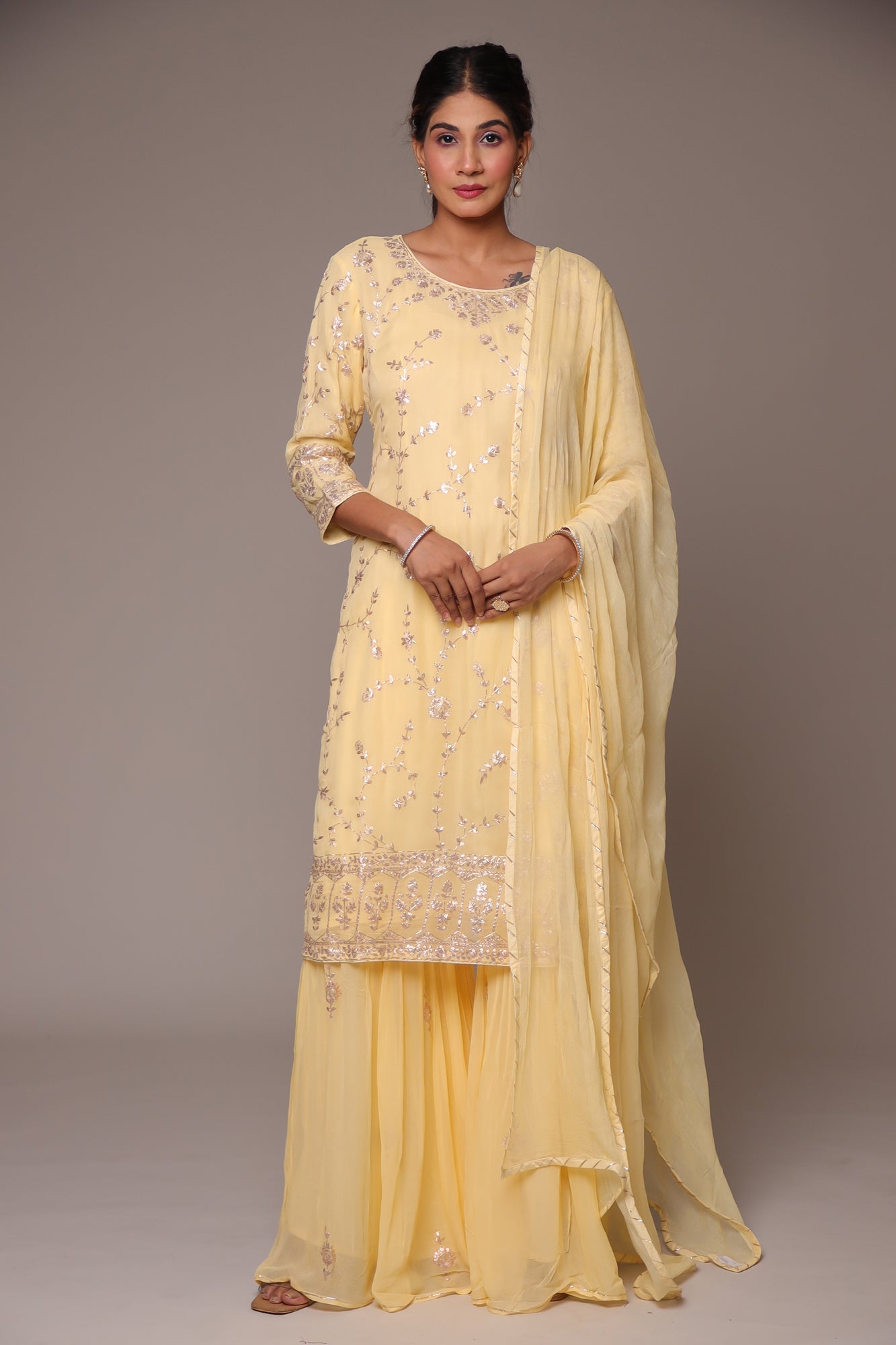 Georgette Straight Cut Sharara Suit with Pittan work.
