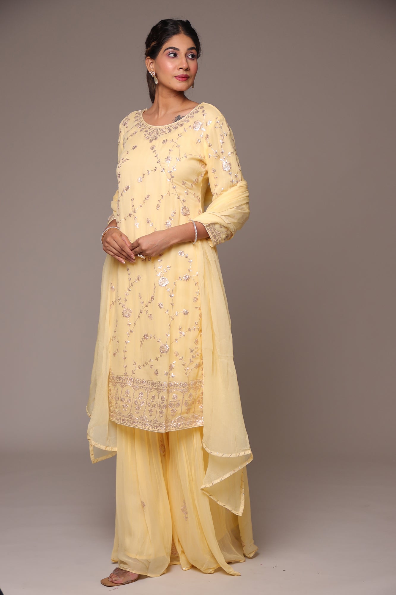 Georgette Straight Cut Sharara Suit with Pittan work.