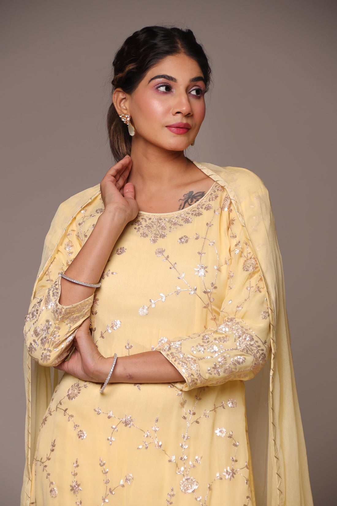 Georgette Straight Cut Sharara Suit with Pittan work.