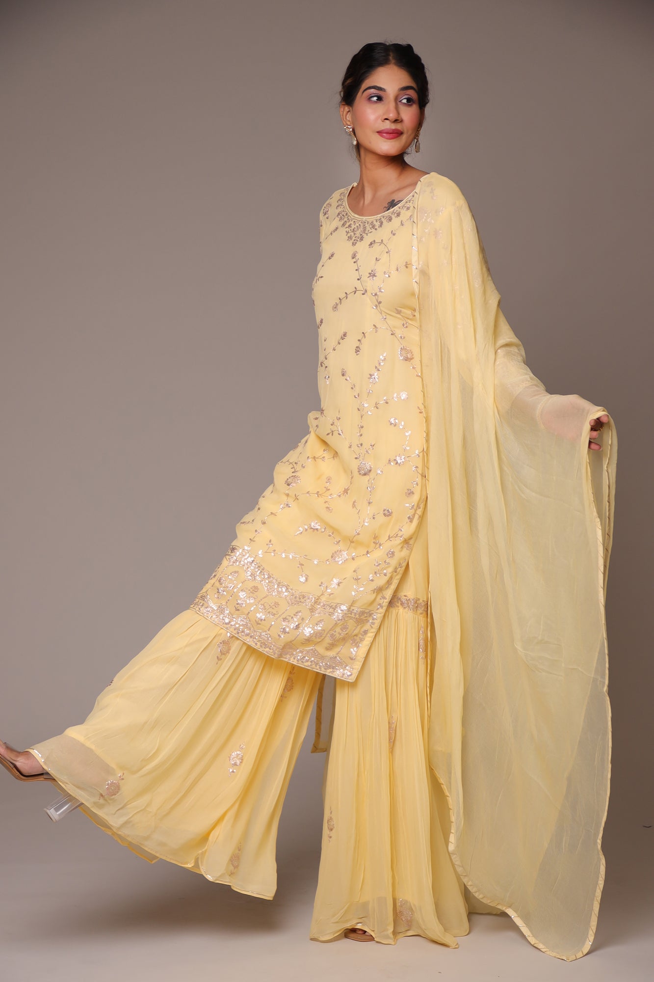 Georgette Straight Cut Sharara Suit with Pittan work.