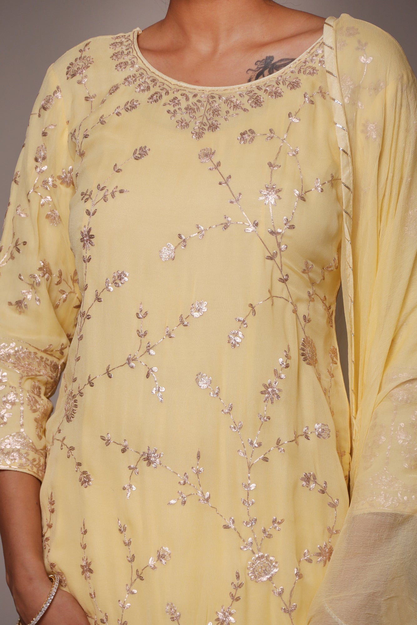 Georgette Straight Cut Sharara Suit with Pittan work.