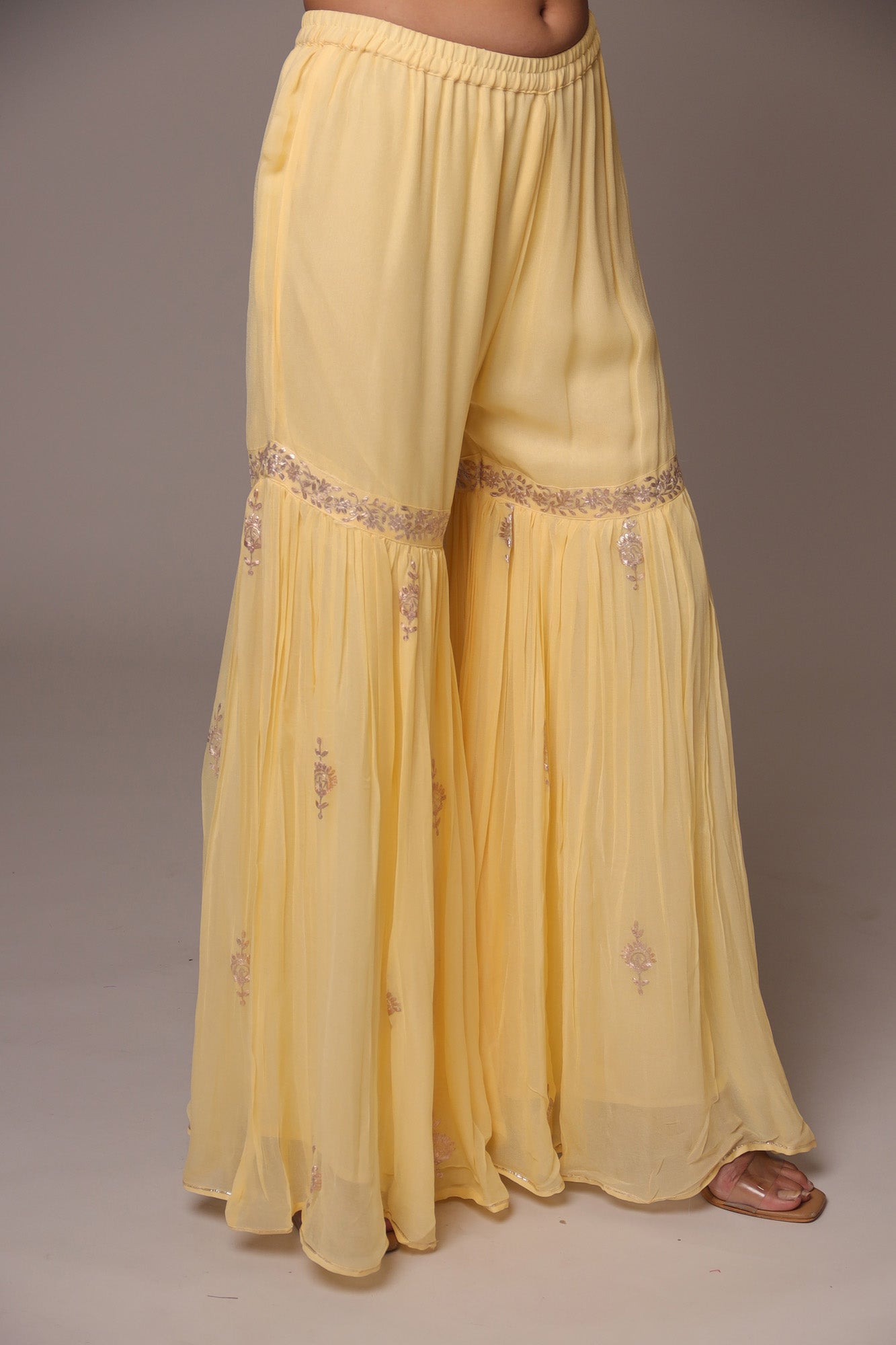 Georgette Straight Cut Sharara Suit with Pittan work.