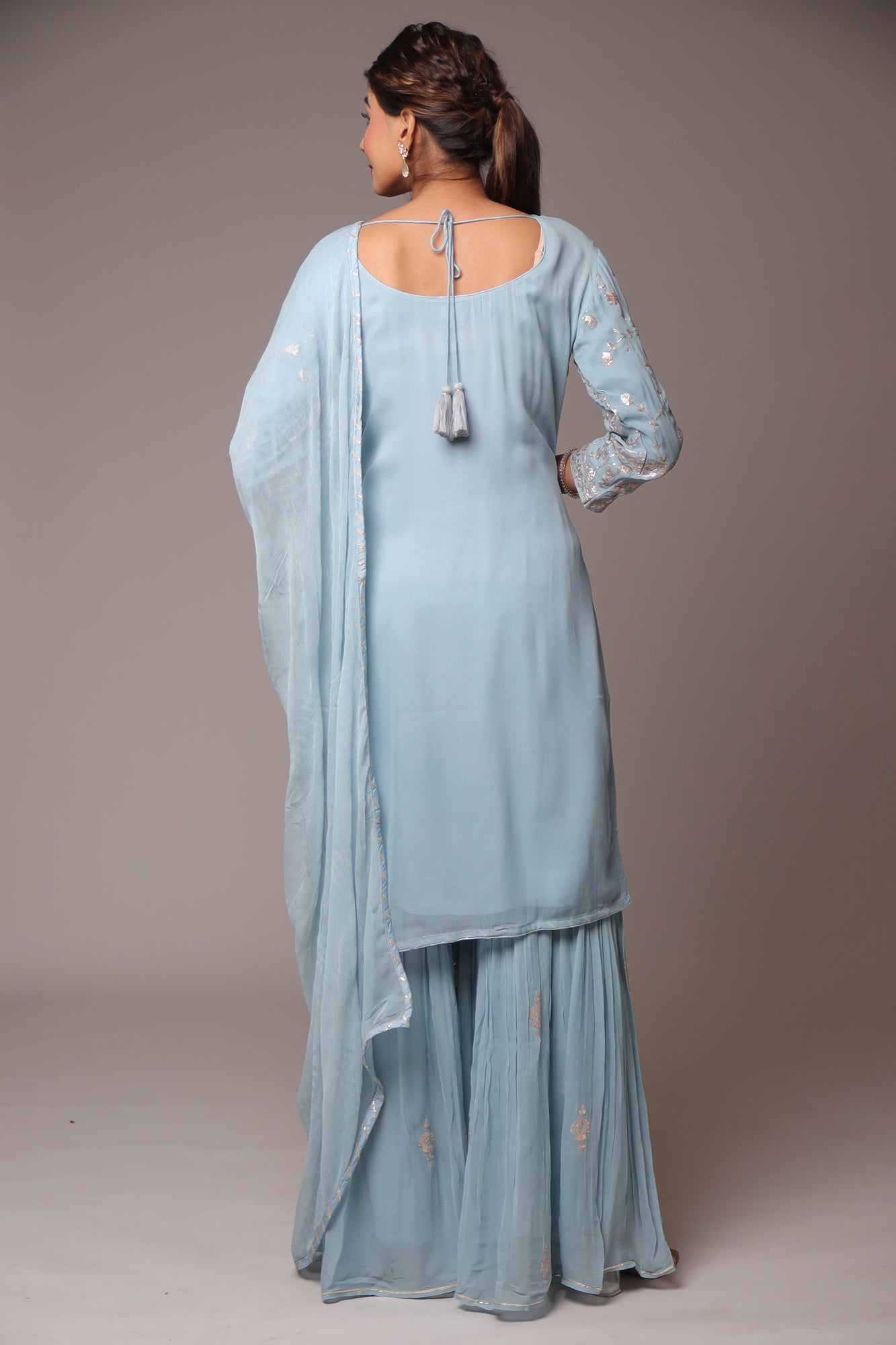 Georgette Straight Cut Sharara Suit with Pittan work.