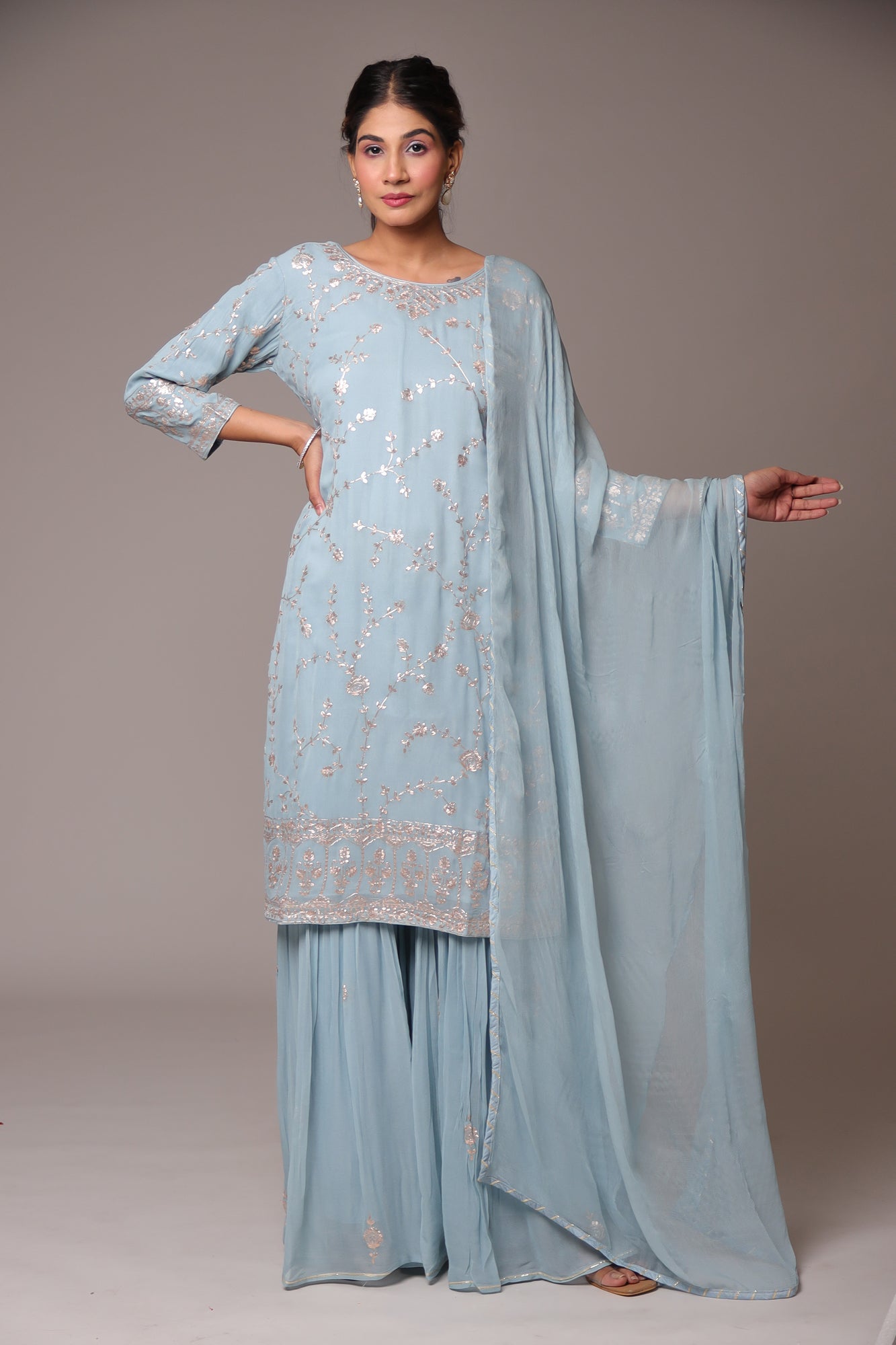 Georgette Straight Cut Sharara Suit with Pittan work.