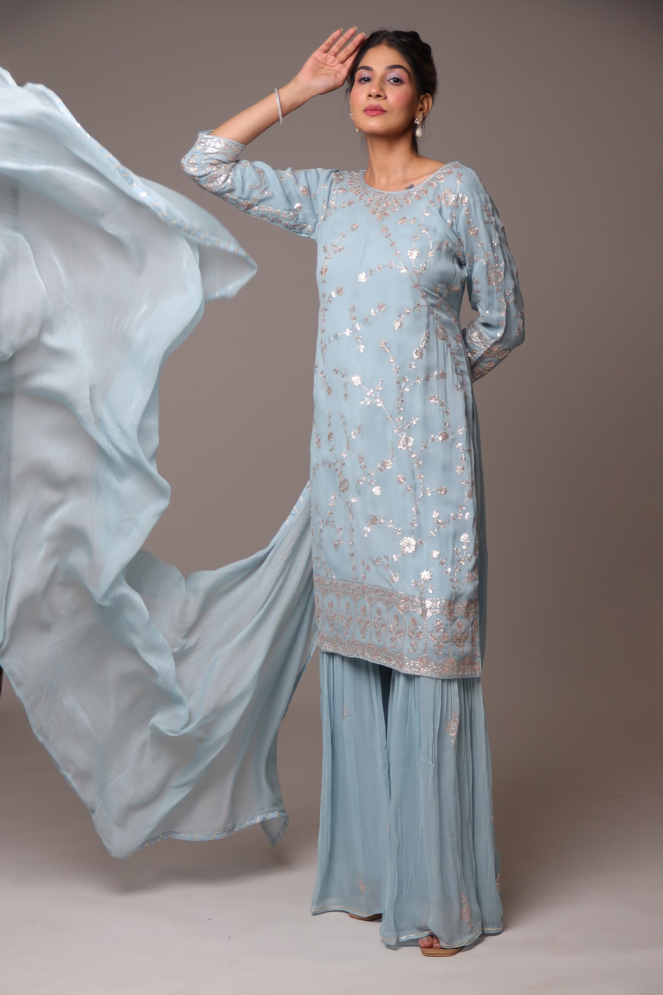 Georgette Straight Cut Sharara Suit with Pittan work.