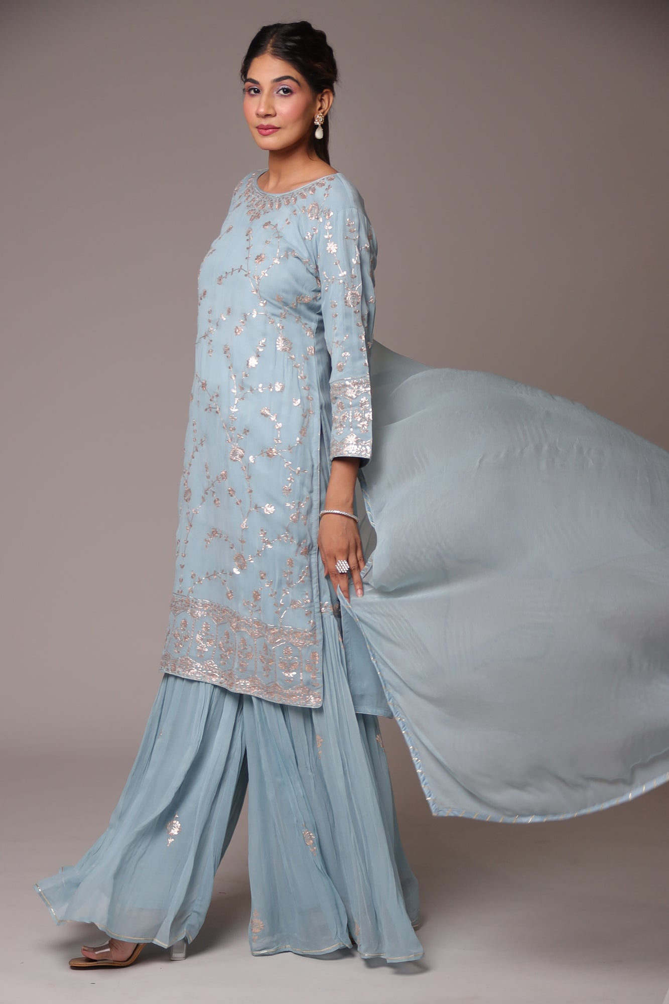 Georgette Straight Cut Sharara Suit with Pittan work.