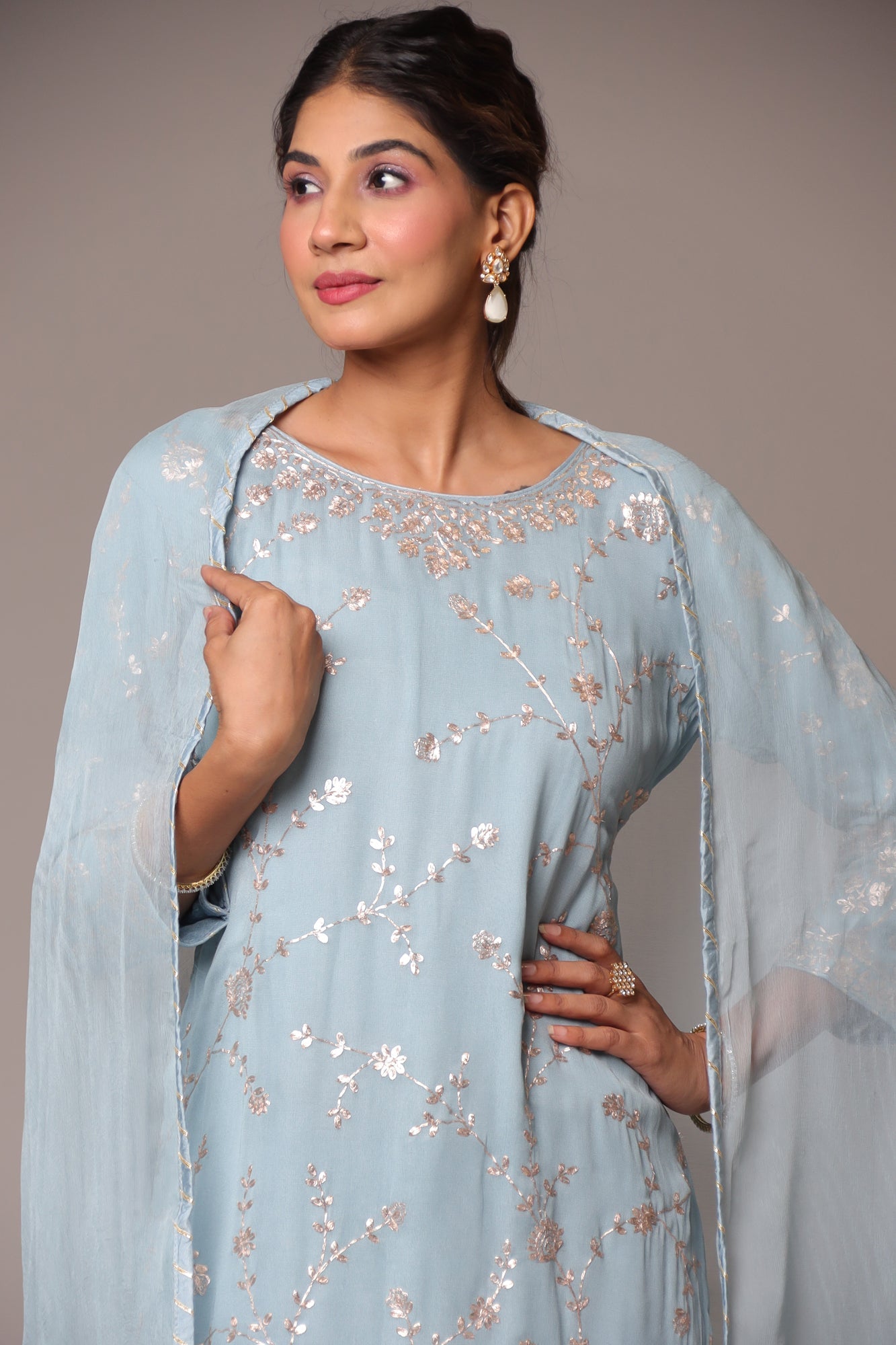 Georgette Straight Cut Sharara Suit with Pittan work.