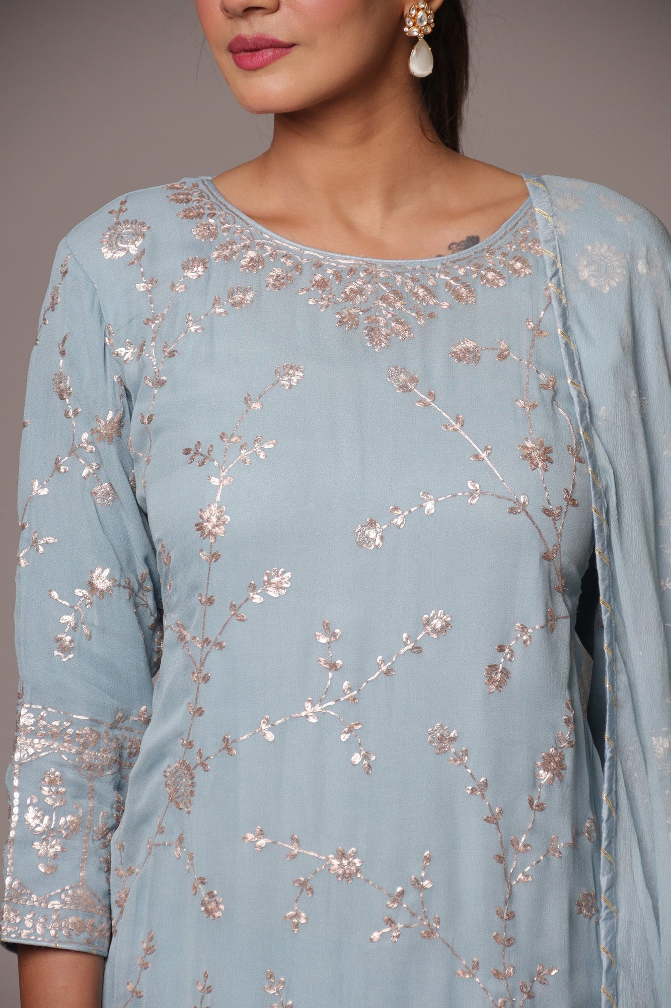 Georgette Straight Cut Sharara Suit with Pittan work.