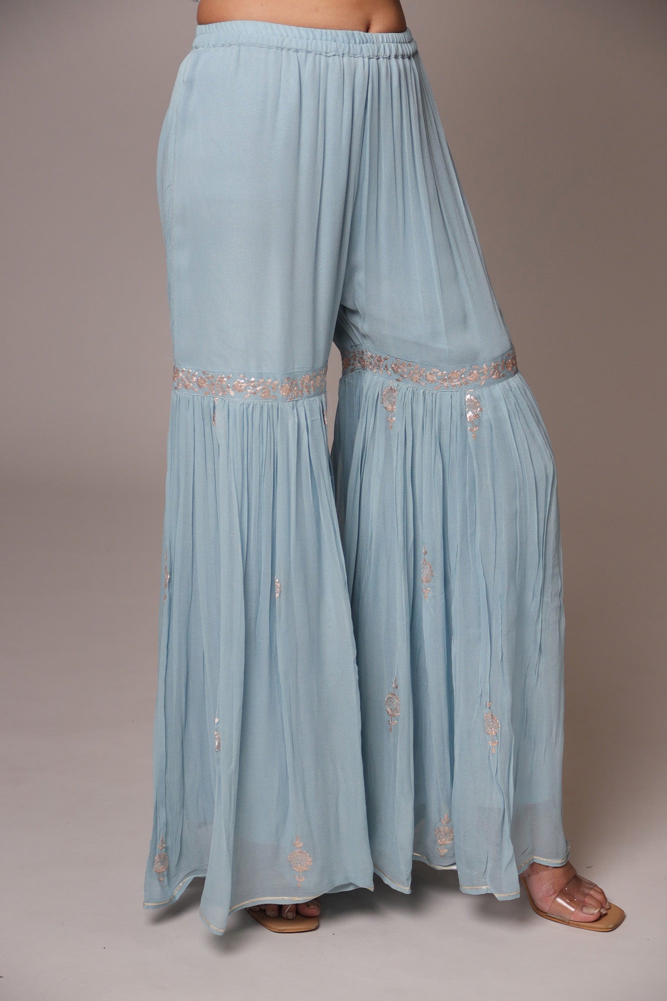 Georgette Straight Cut Sharara Suit with Pittan work.