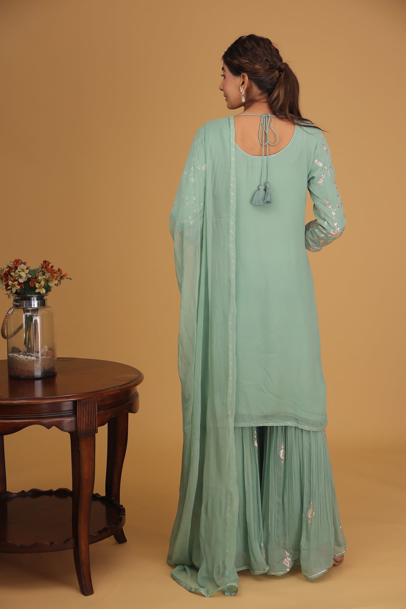 Georgette Straight Cut Sharara Suit with Pittan work.