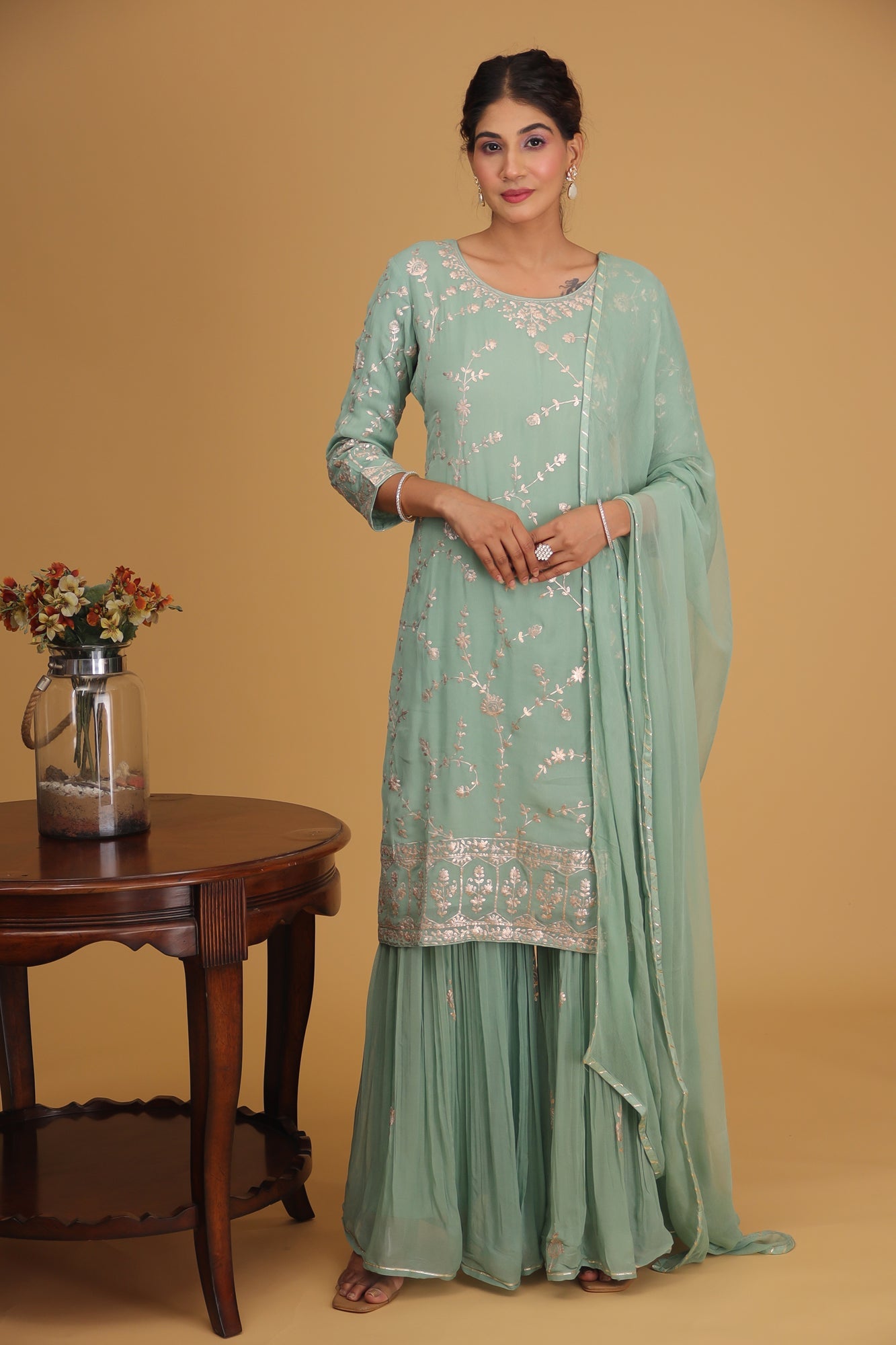 Georgette Straight Cut Sharara Suit with Pittan work.