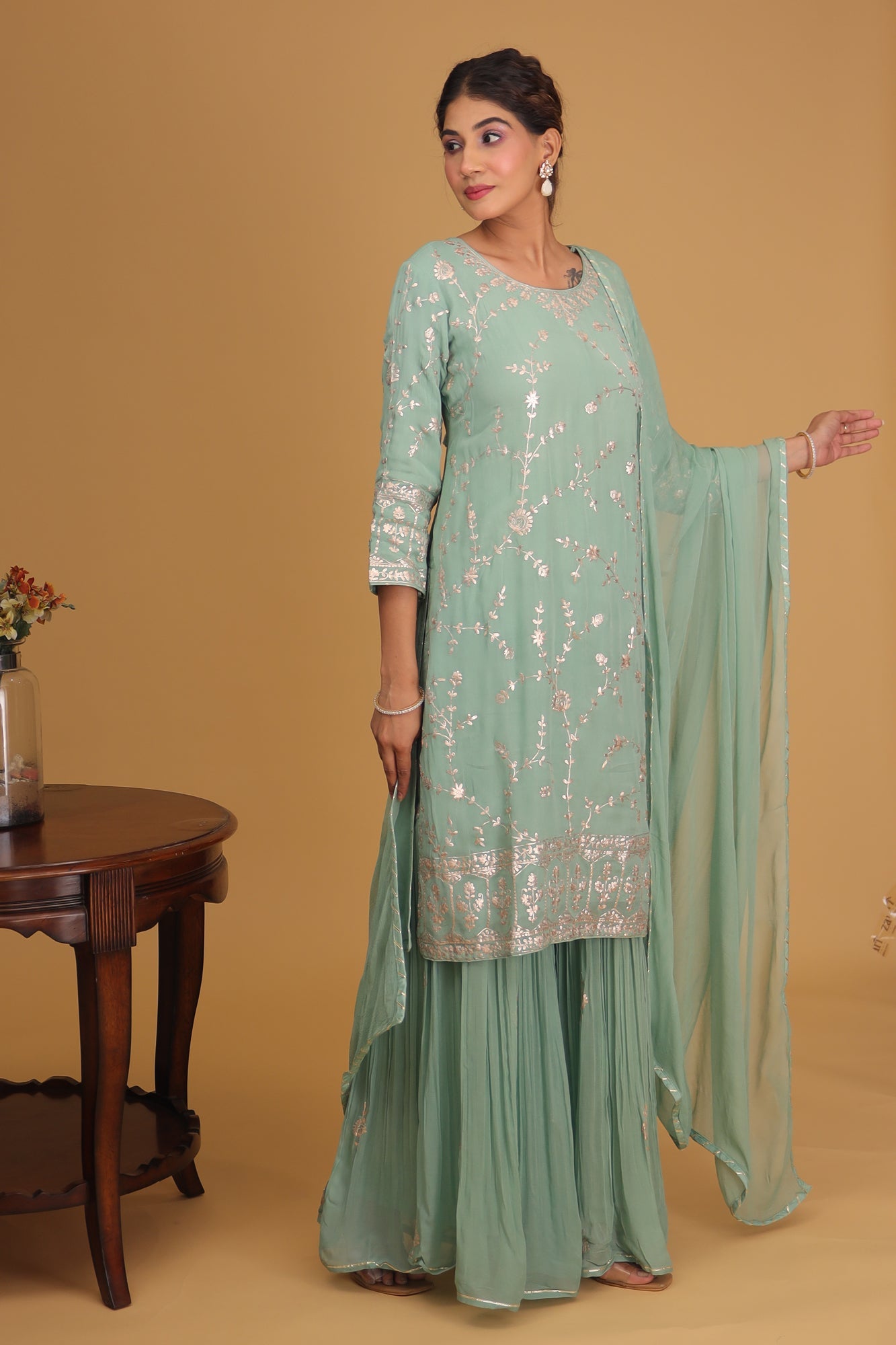 Georgette Straight Cut Sharara Suit with Pittan work.