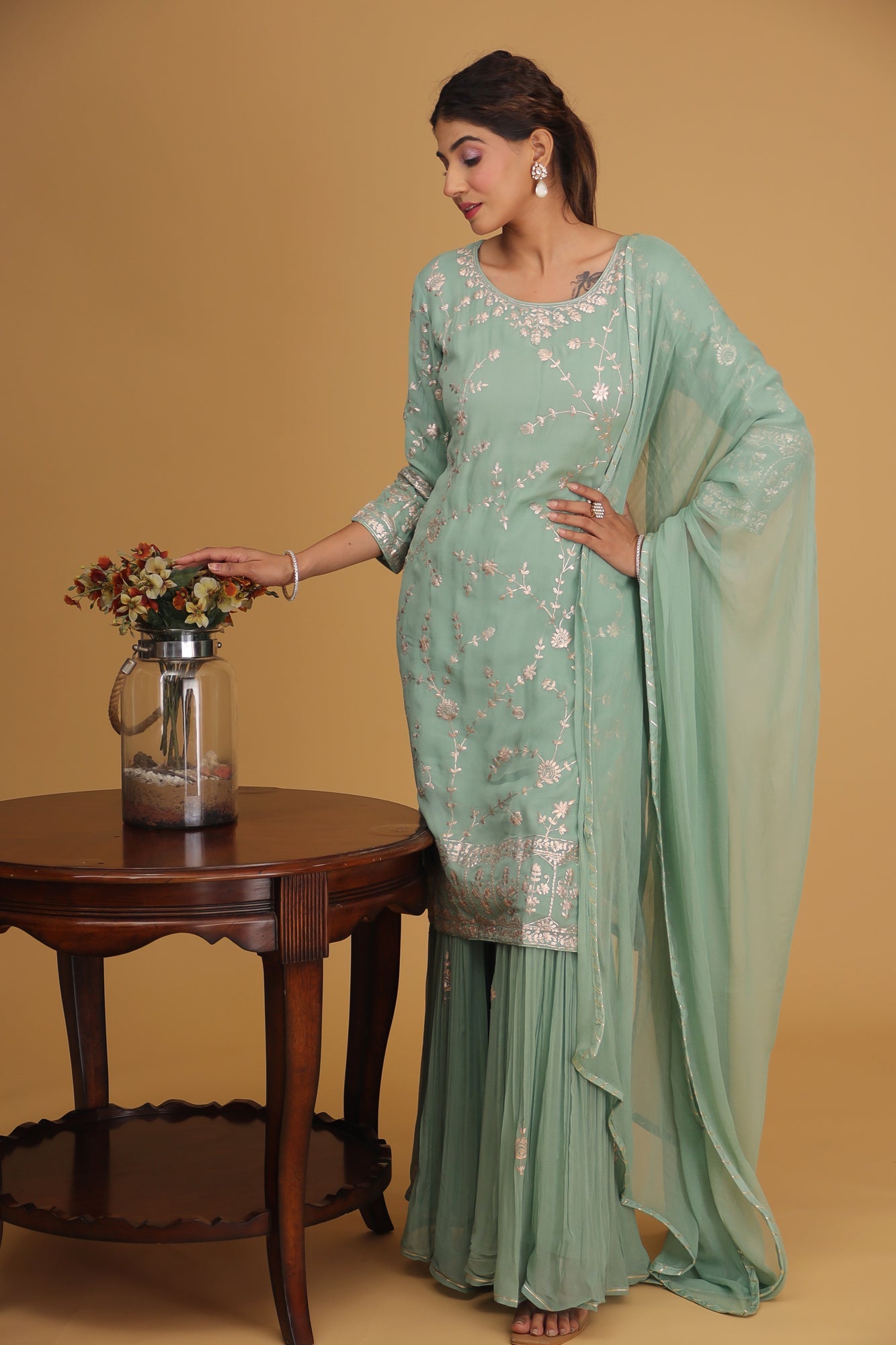 Georgette Straight Cut Sharara Suit with Pittan work.