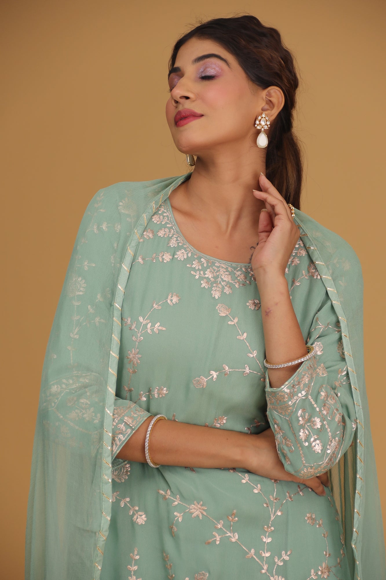 Georgette Straight Cut Sharara Suit with Pittan work.