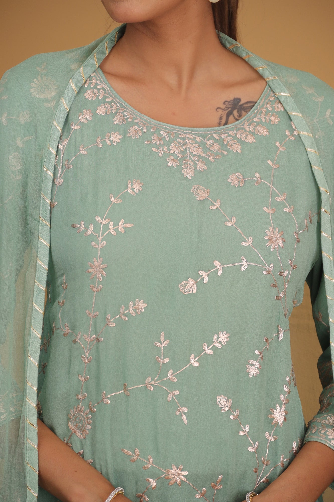 Georgette Straight Cut Sharara Suit with Pittan work.